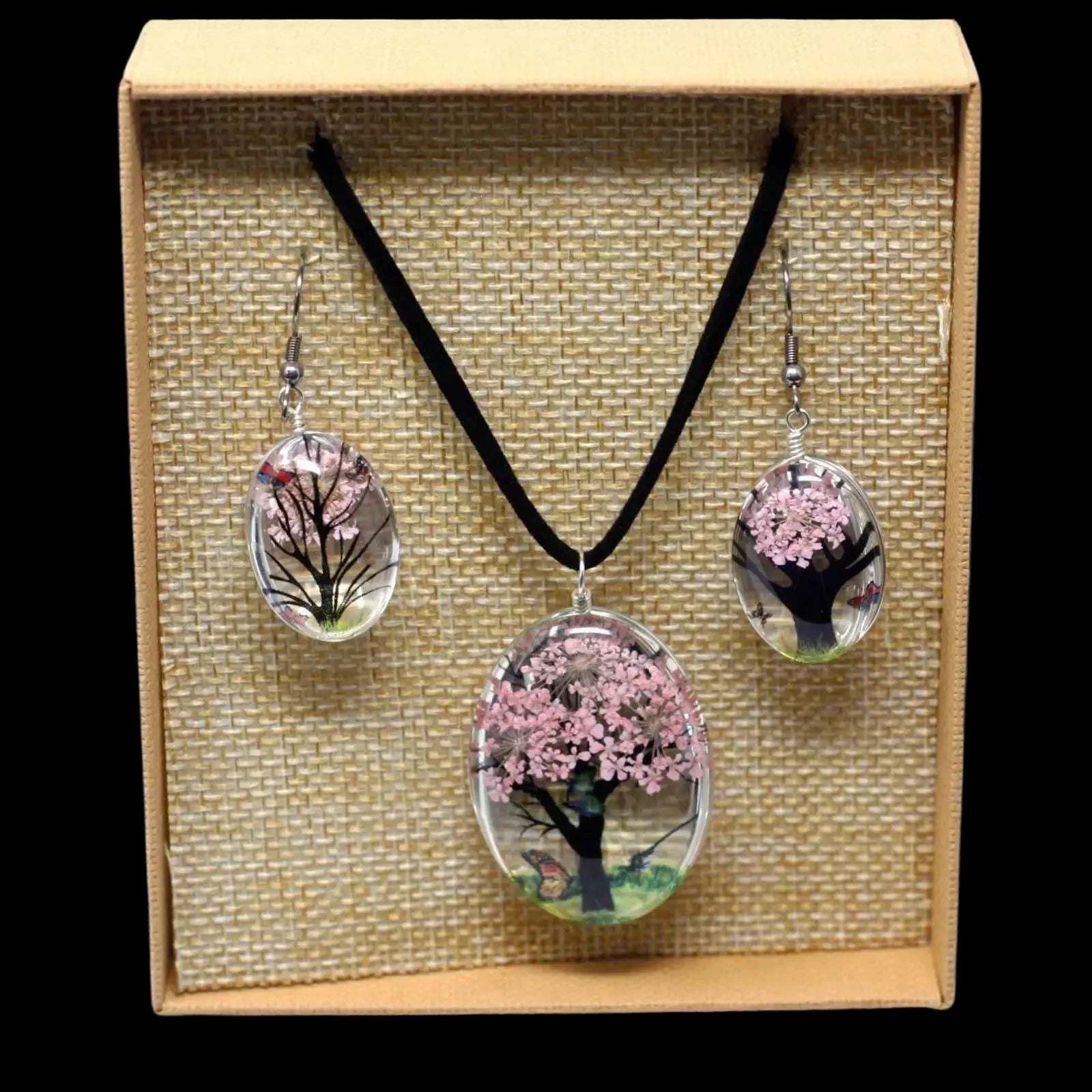 Real Pressed Flowers Tree Of Life Necklace Earrings Set