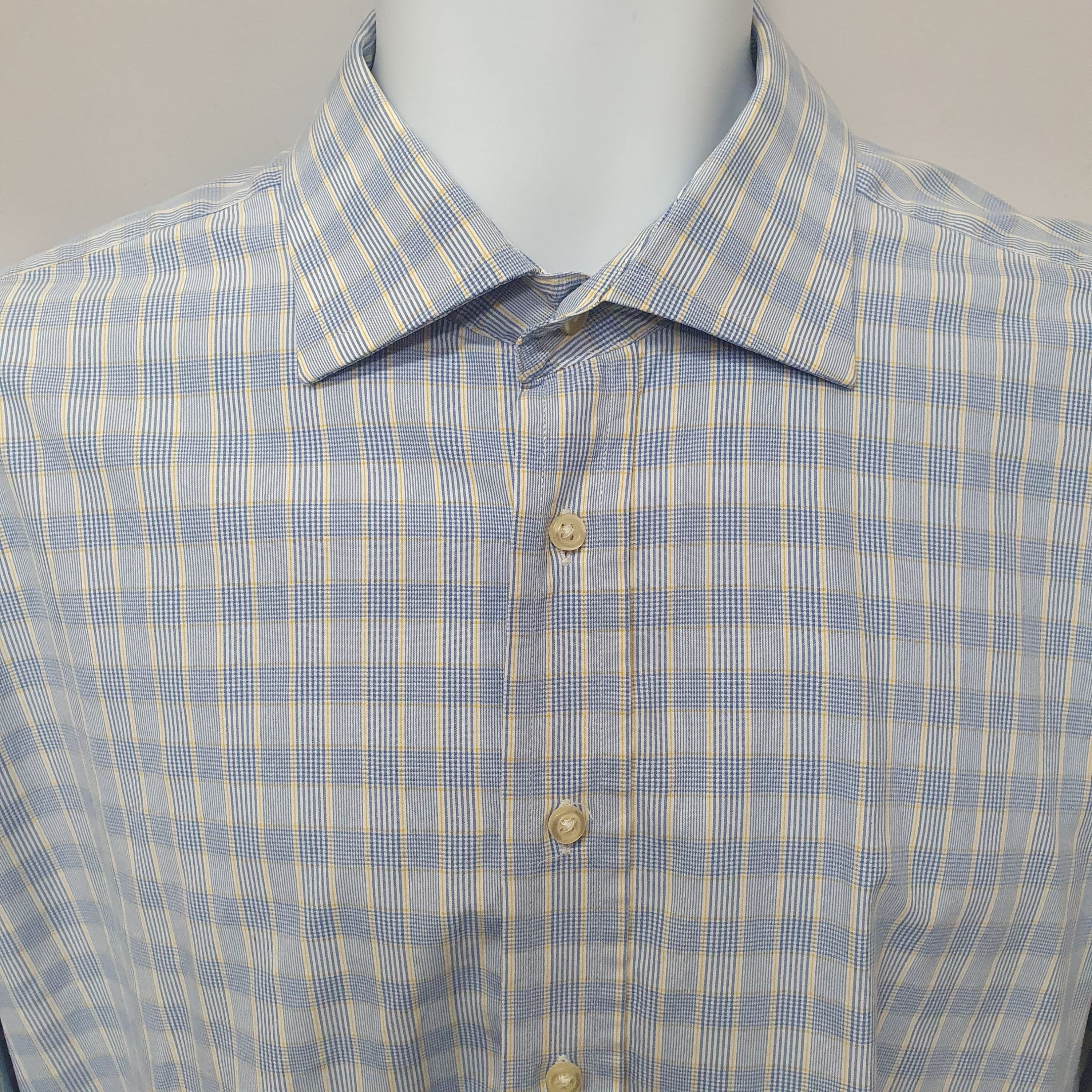 Austin Reed Mens Shirt Blue Check Double Cuff Long Length