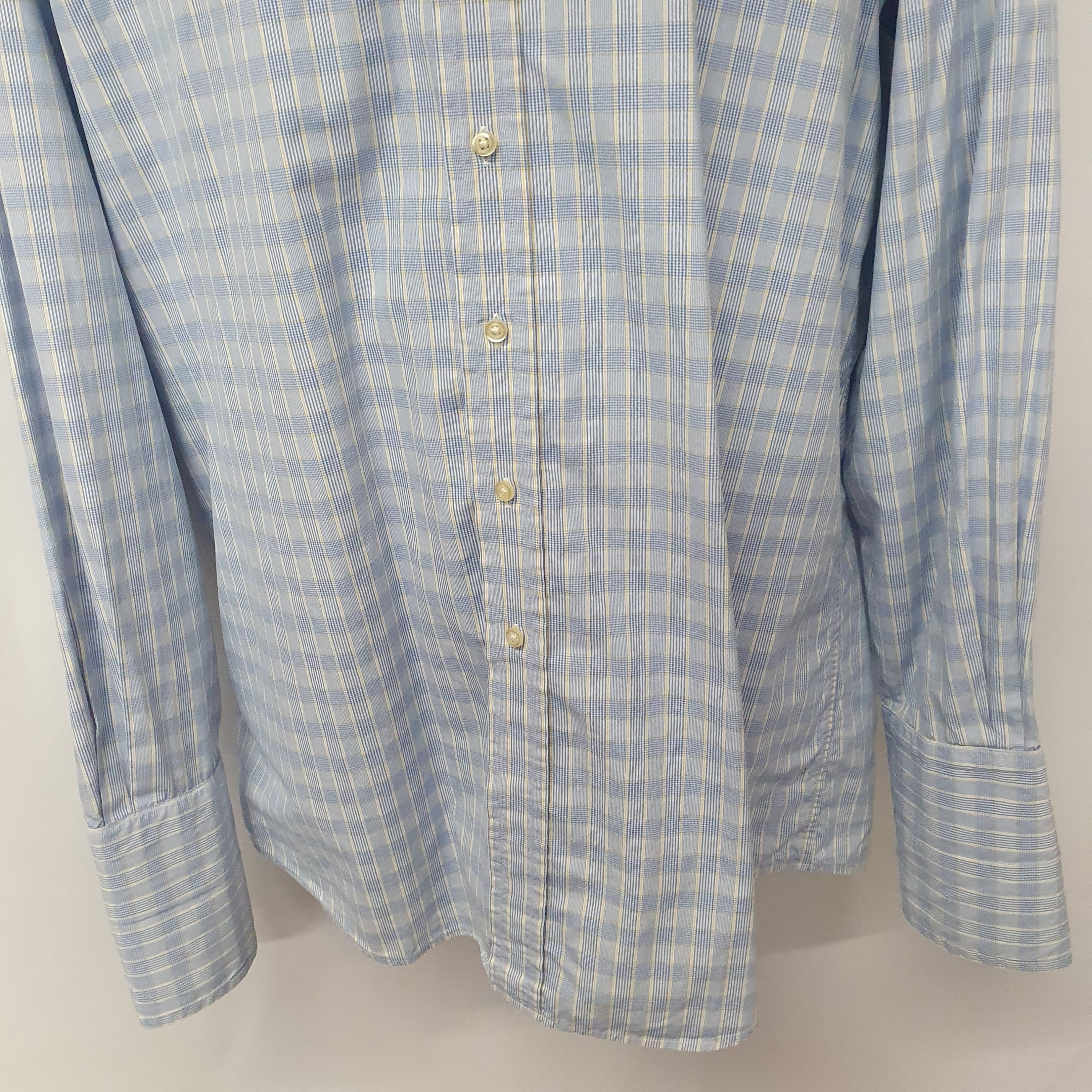 Austin Reed Mens Shirt Blue Check Double Cuff Long Length