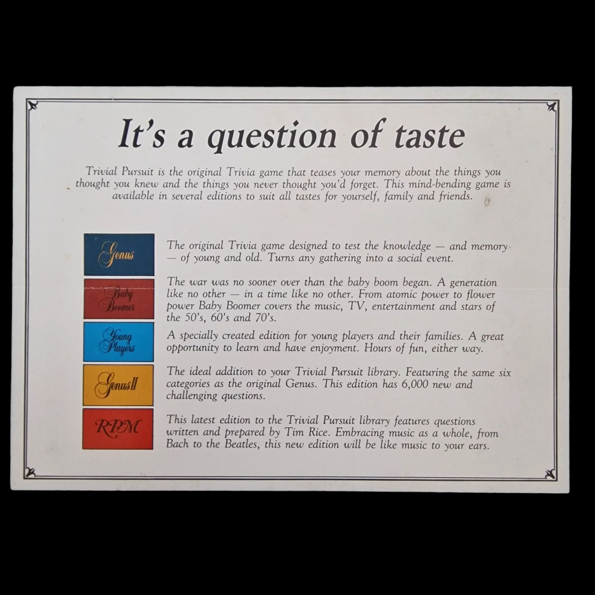 Boxed Trivial Pursuit Genus Ii Edition Subsidiary Card Set