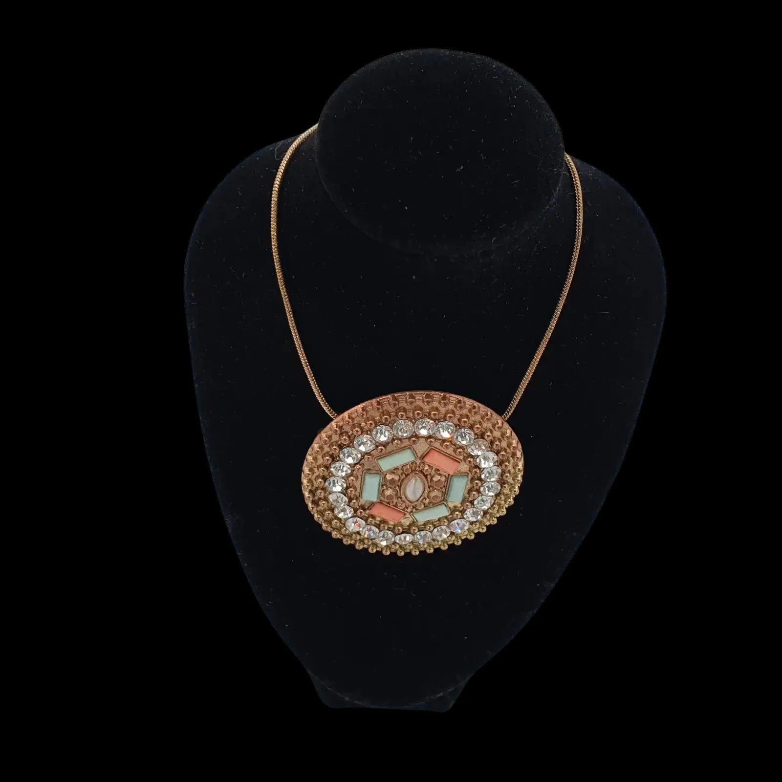 Bronze Disc Gems Necklace Round Pendant Charm Handmade