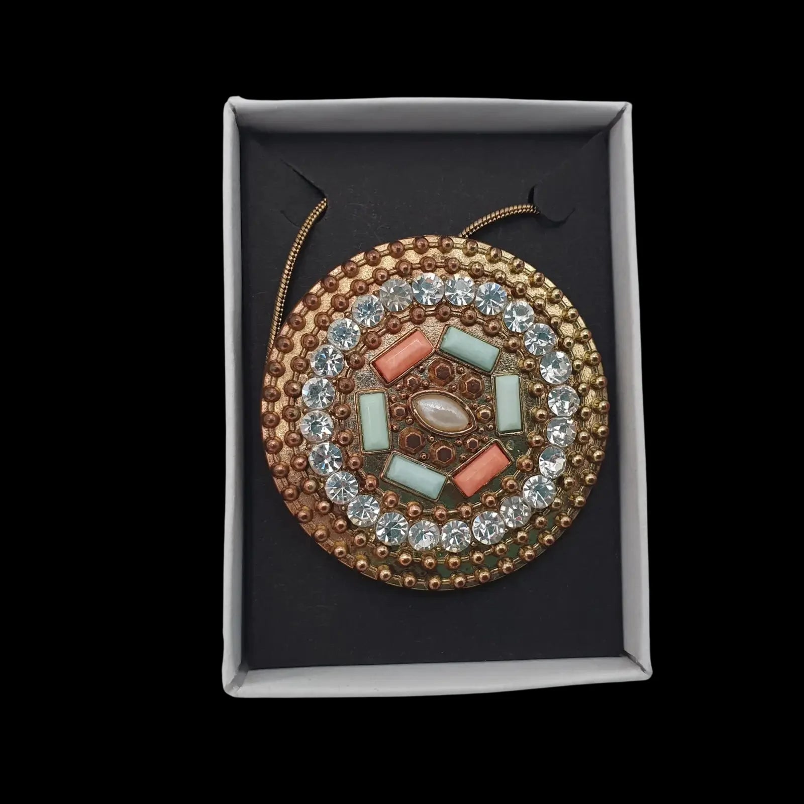Bronze Disc Gems Necklace Round Pendant Charm Handmade