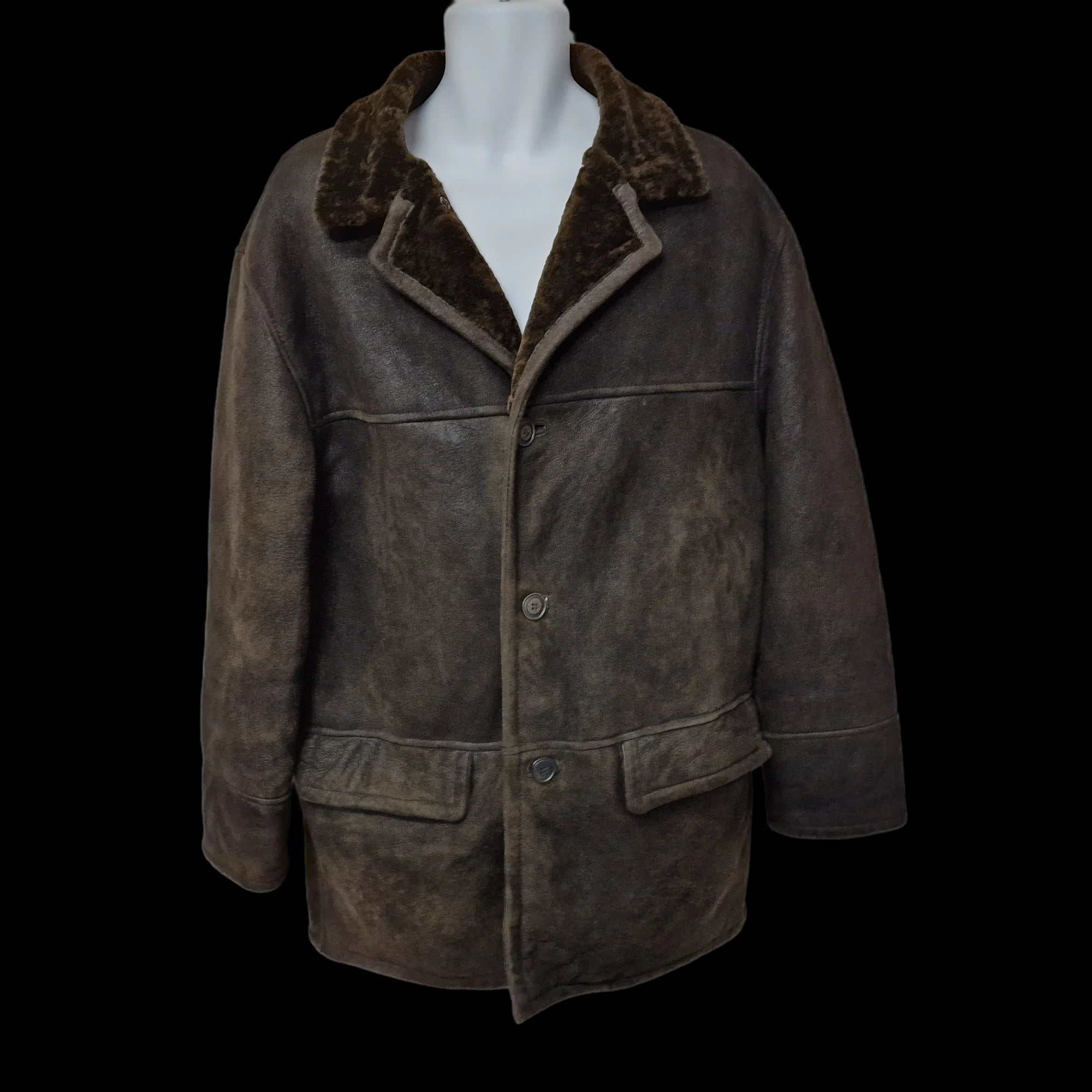 C&A Vintage Dark Brown Leather Sheepskin Shearling Coat