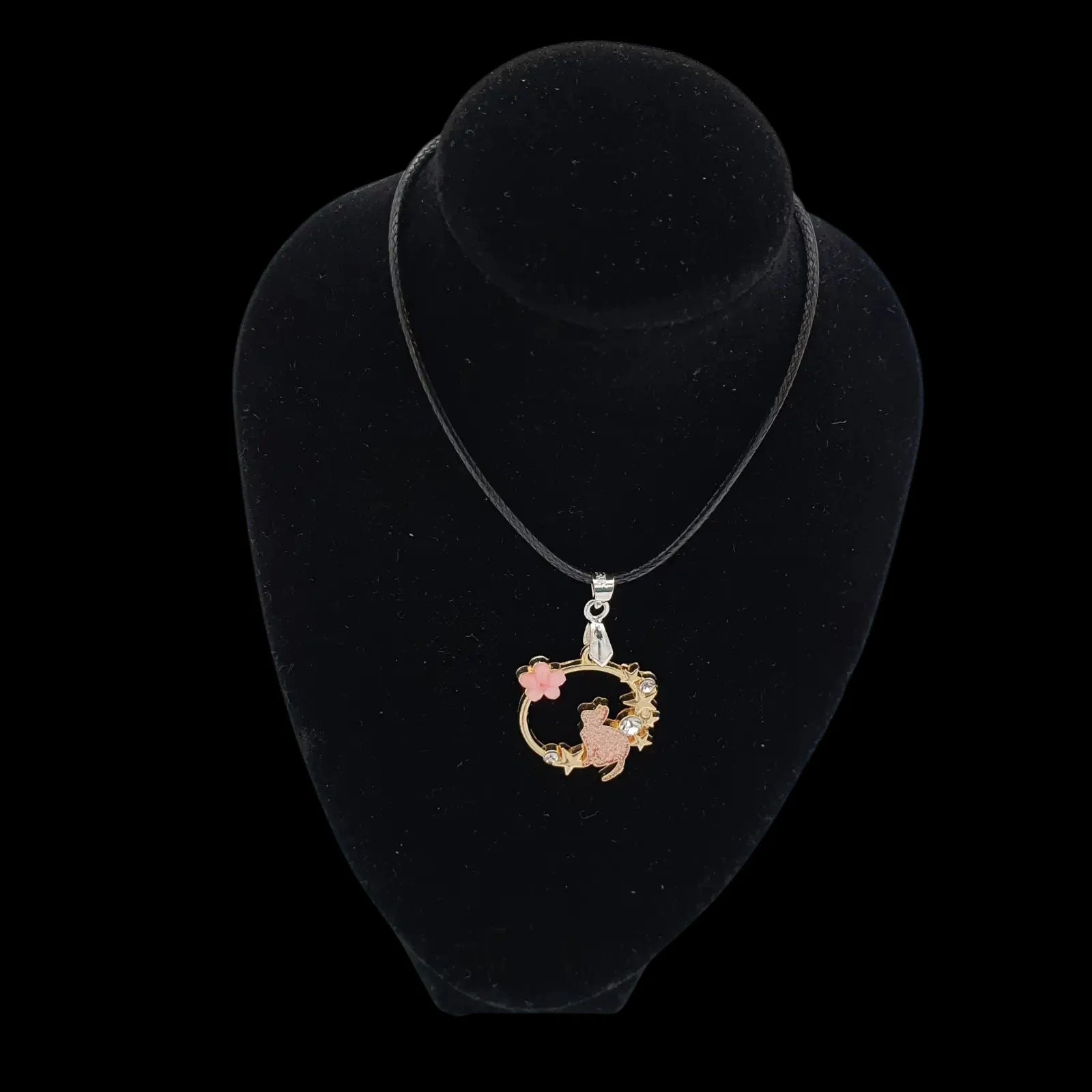 Cat Staring Stars Necklace Pink Flower Gems Pendant Charm