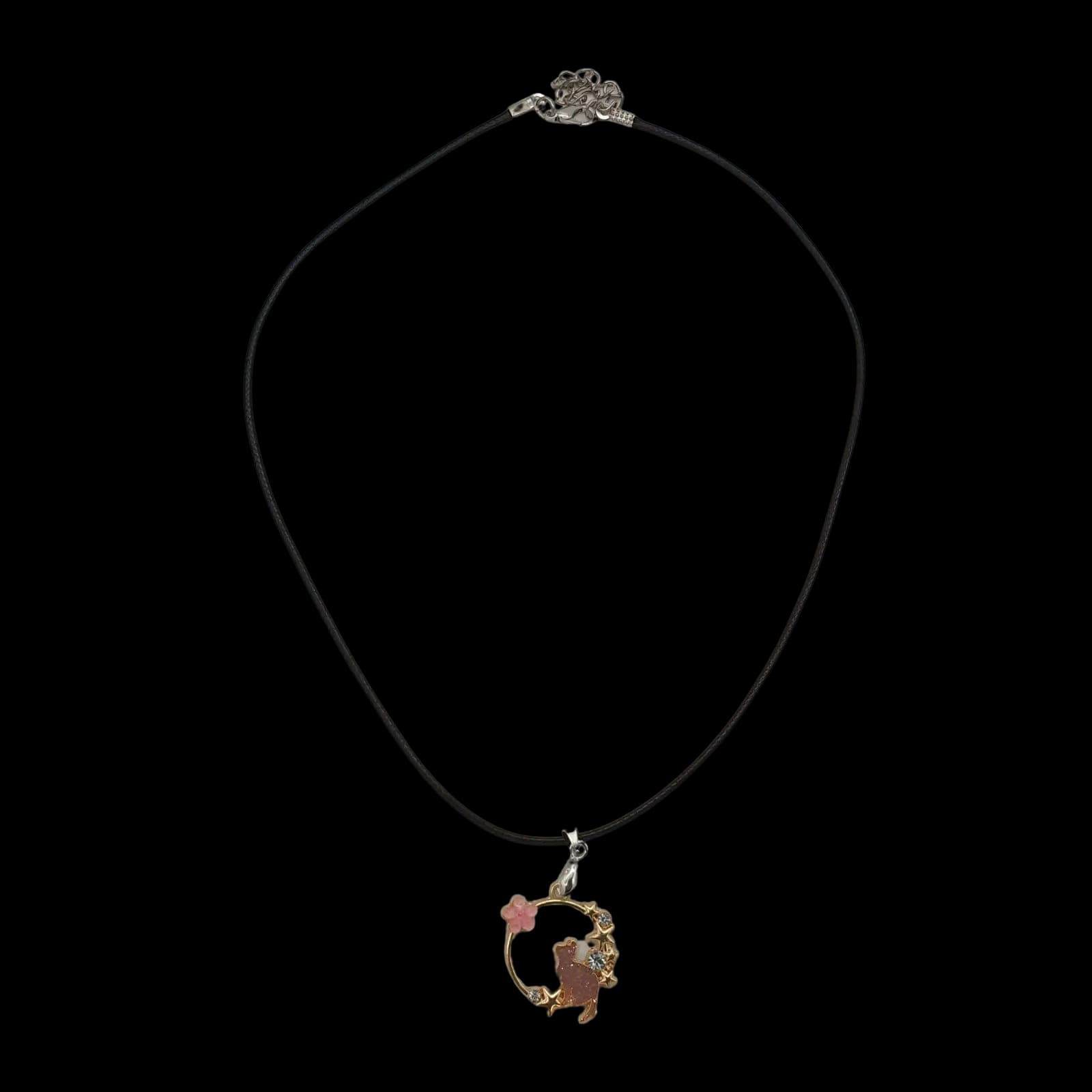 Cat Staring Stars Necklace Pink Flower Gems Pendant Charm
