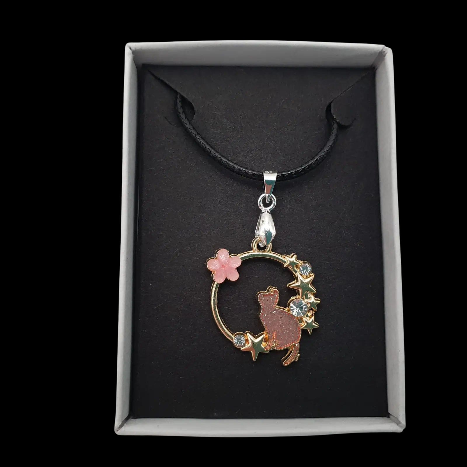 Cat Staring Stars Necklace Pink Flower Gems Pendant Charm