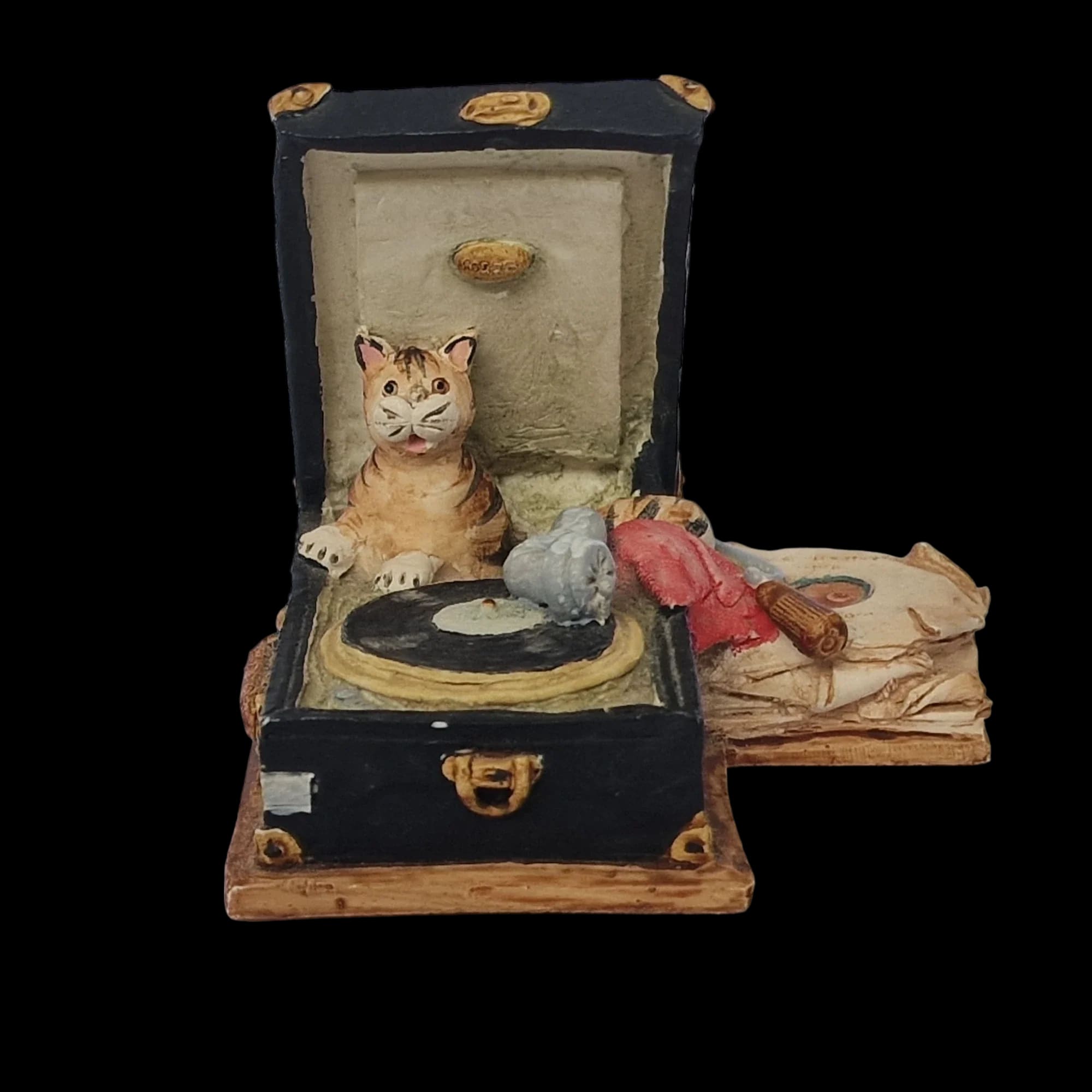 Colour Box Gramophone Ceramic Cat Collectable - Ornament