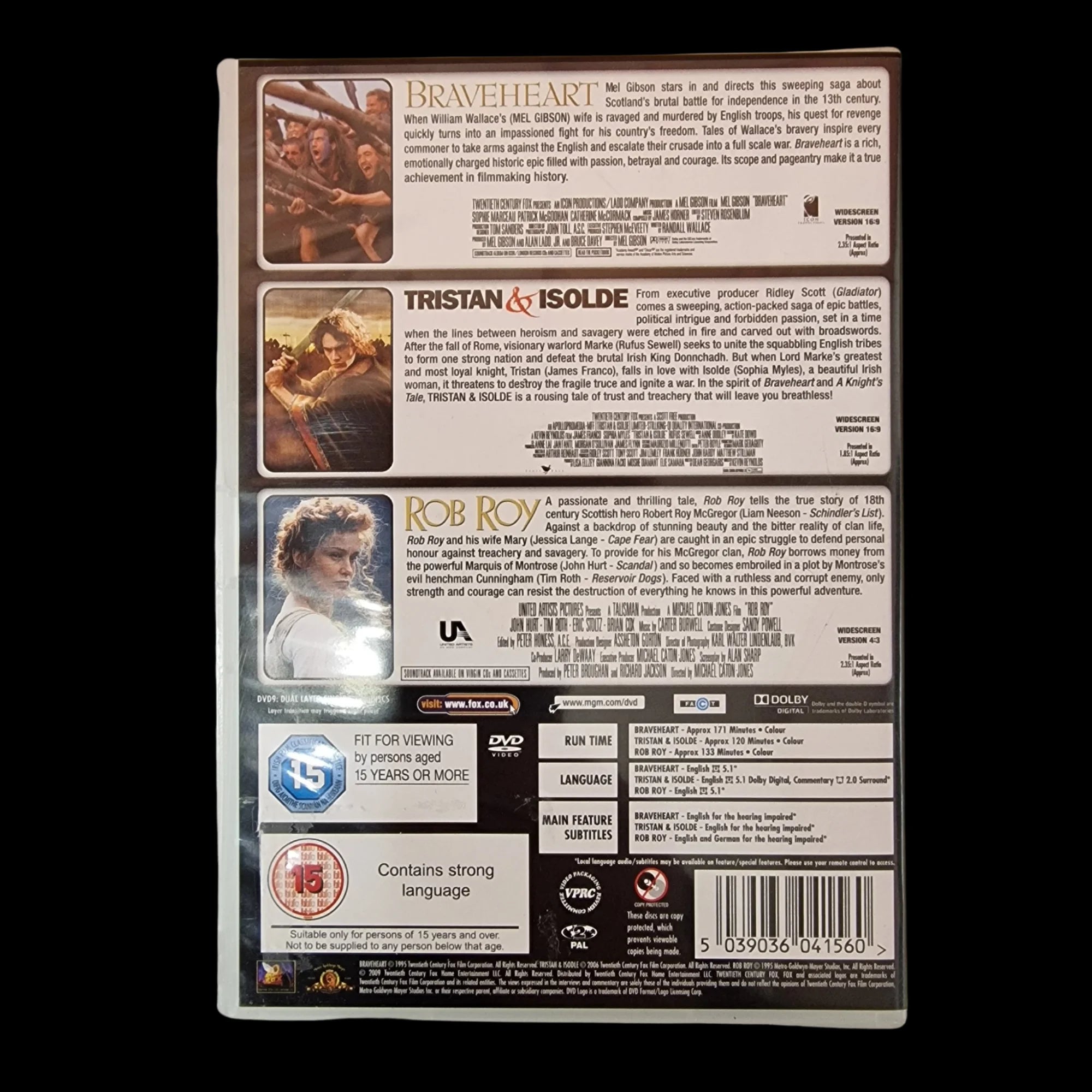 Dvd Triple Movie Boxset Braveheart Tristan & Isolde Rob Roy