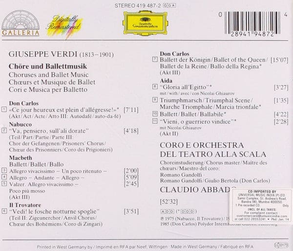 Giuseppe Verdi Claudio Abbado Coro Del Teatro Alla Scala