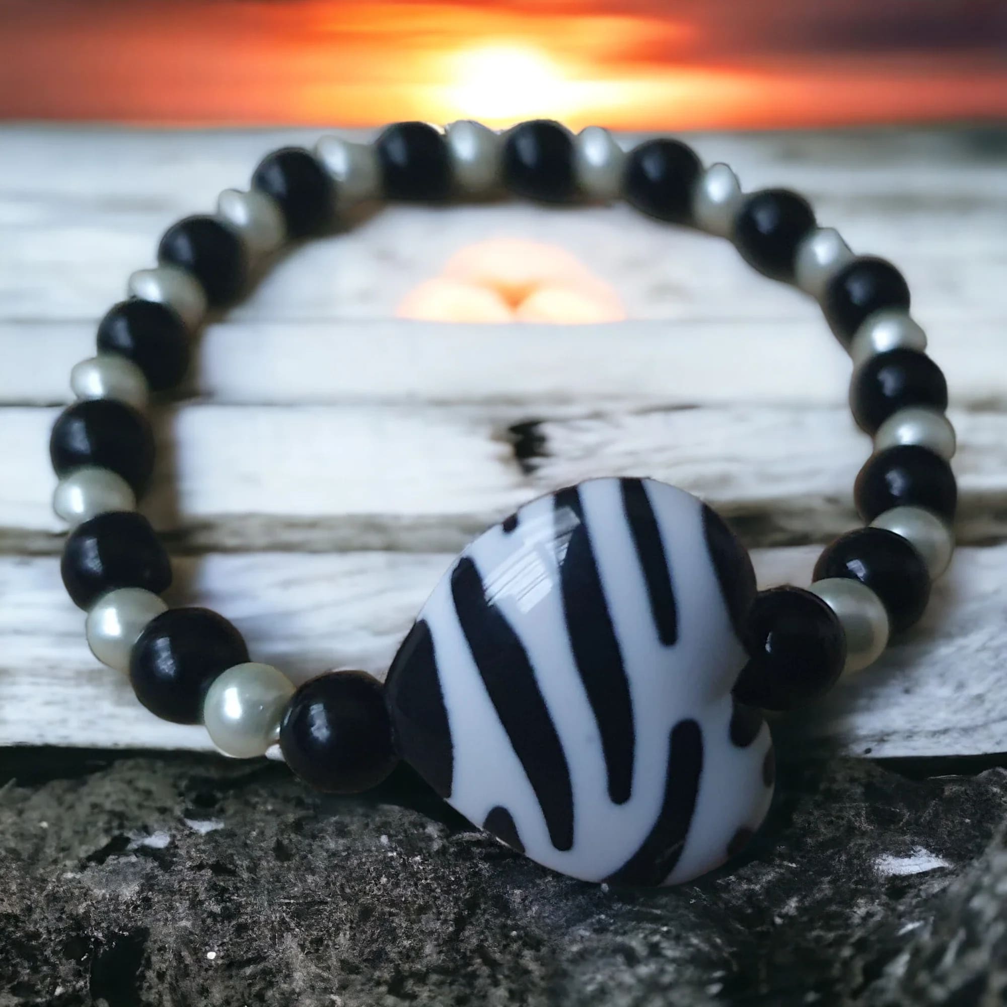 Handmade Beaded Children’s Bracelet Black White Heart