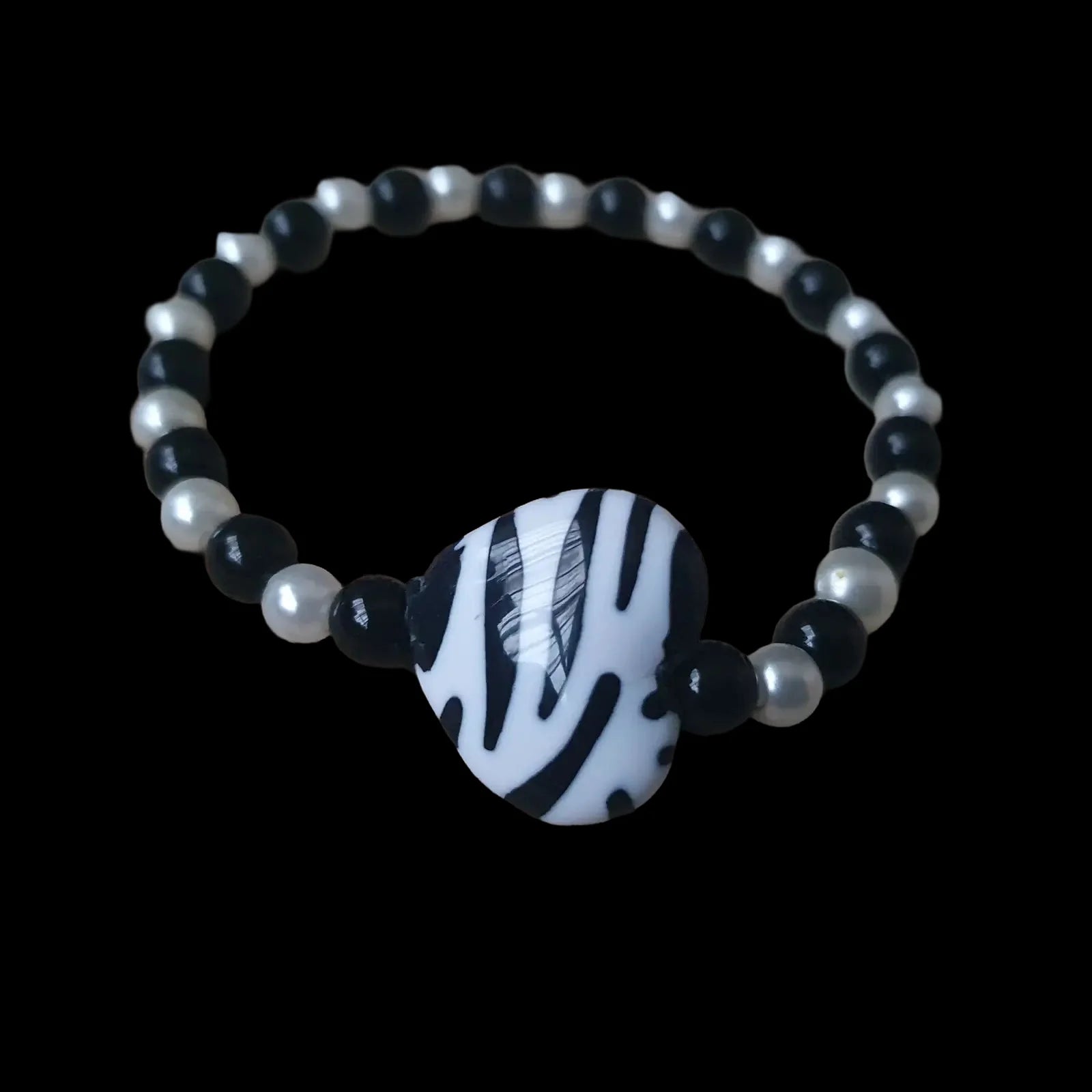 Handmade Beaded Stretch Bracelet Heart Shaped Zebra Crafted