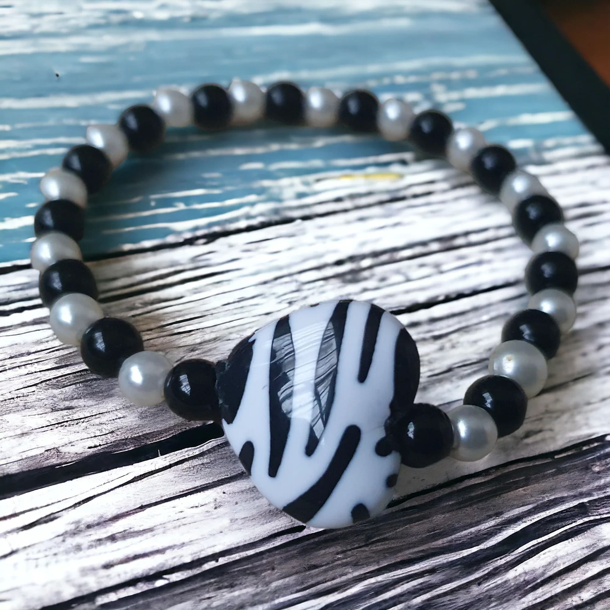 Handmade Beaded Stretch Bracelet Heart Shaped Zebra Crafted