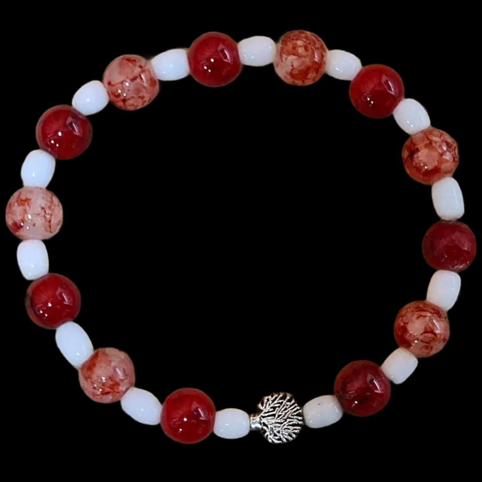 Handmade Crafted Bracelet Red Pink Marble Effect Beads Gift