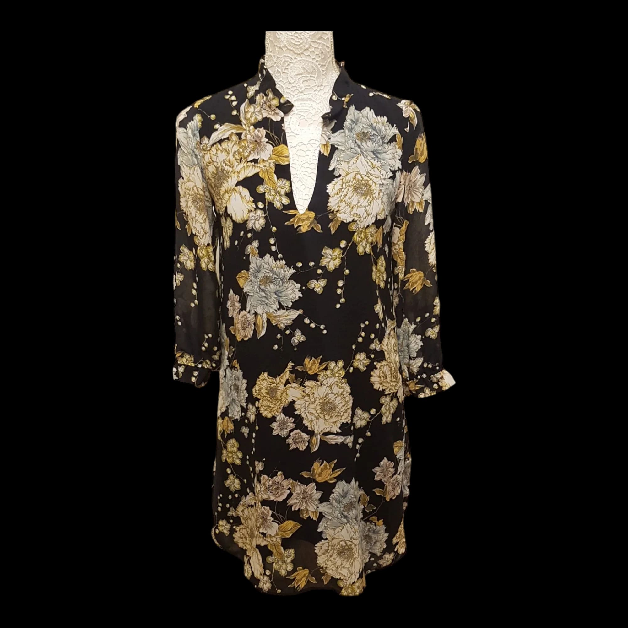 Hm Black Yellow Floral Long Sleeve Dress EU 34 - Dresses