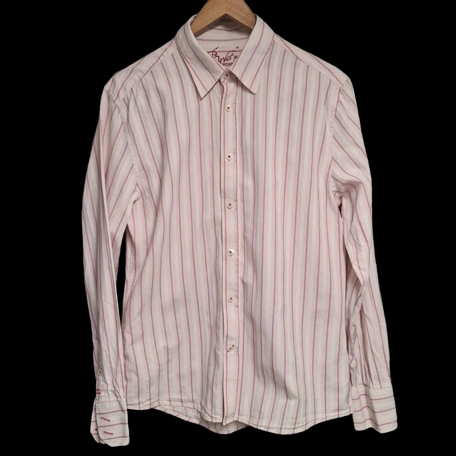 Mens River Island Pink & White Striped Long Sleeve Shirt UK