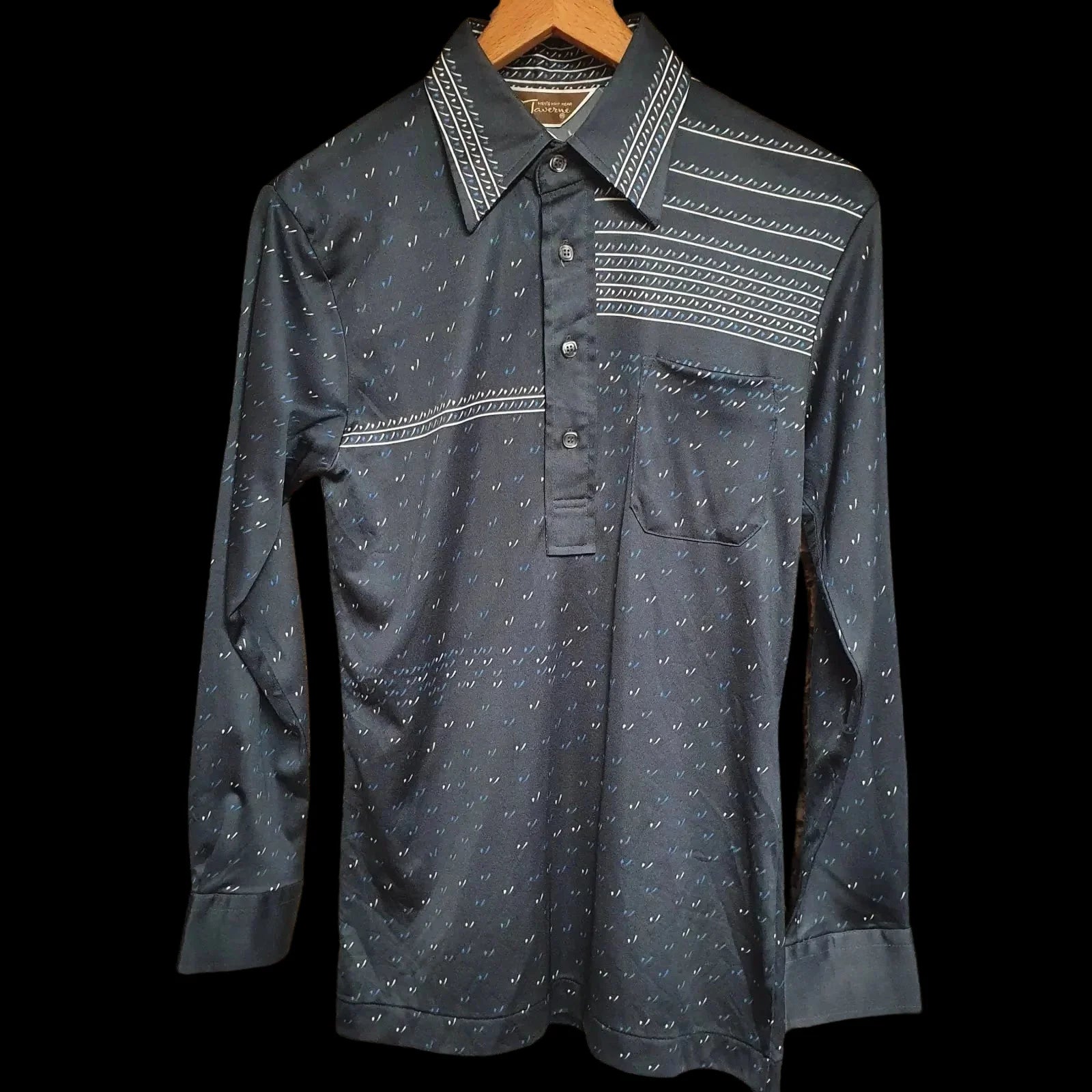 Mens Vintage 70’s Blue Grey Long Sleeve Polo Shirt Uk
