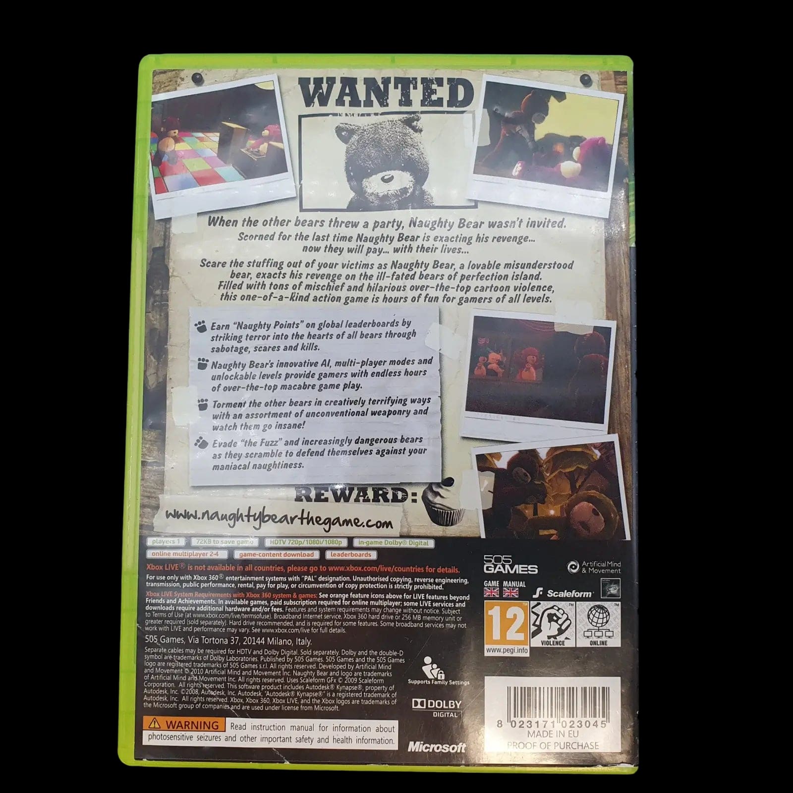 Naughty Bear Microsoft Xbox 360 505 Games 2010 Video Game
