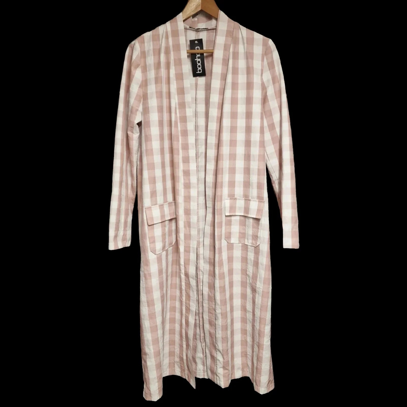 New Womens Boohoo Pink White Woven Gingham Longline Duster