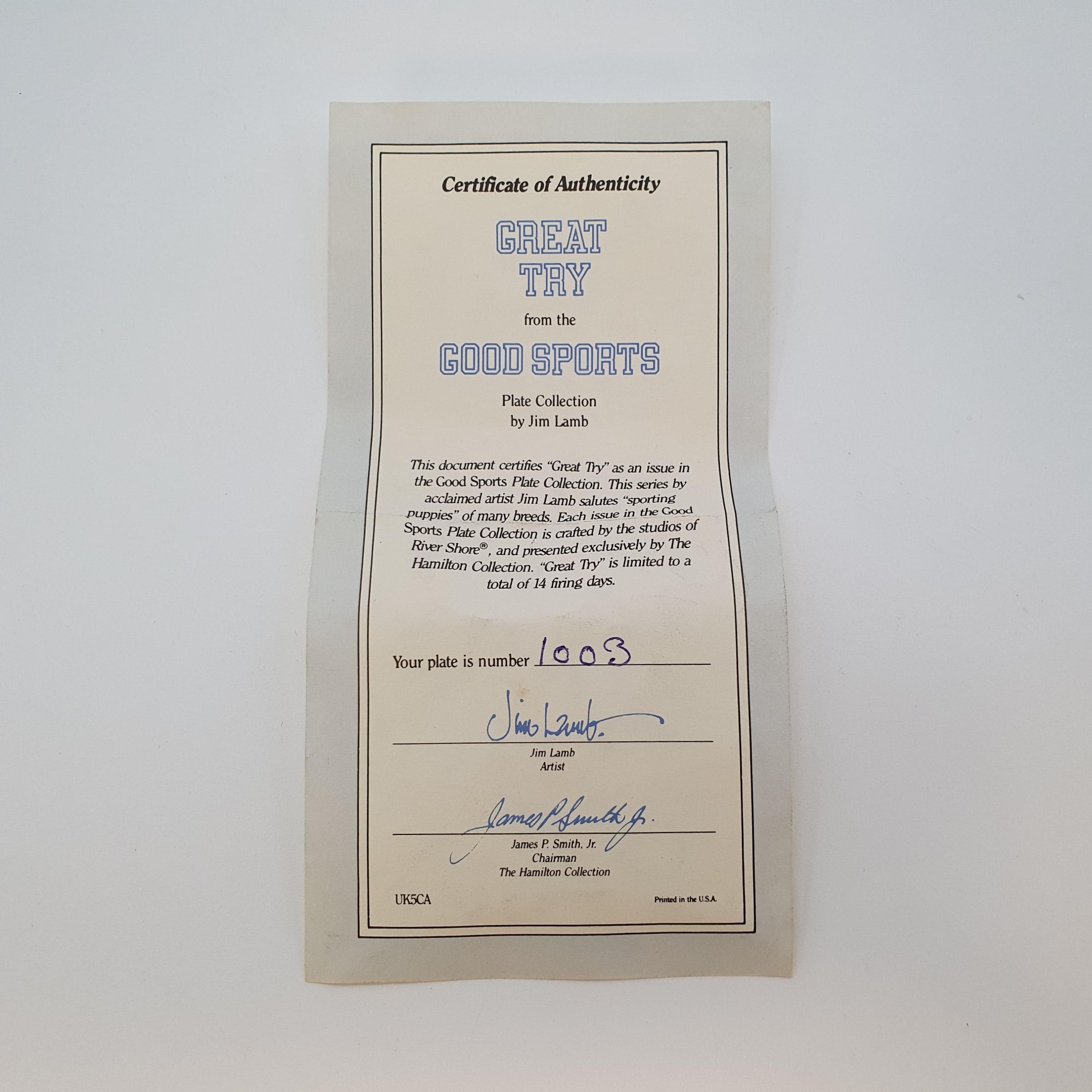 Ornamental Plate Great Try Jim Lamb River Shore 1991