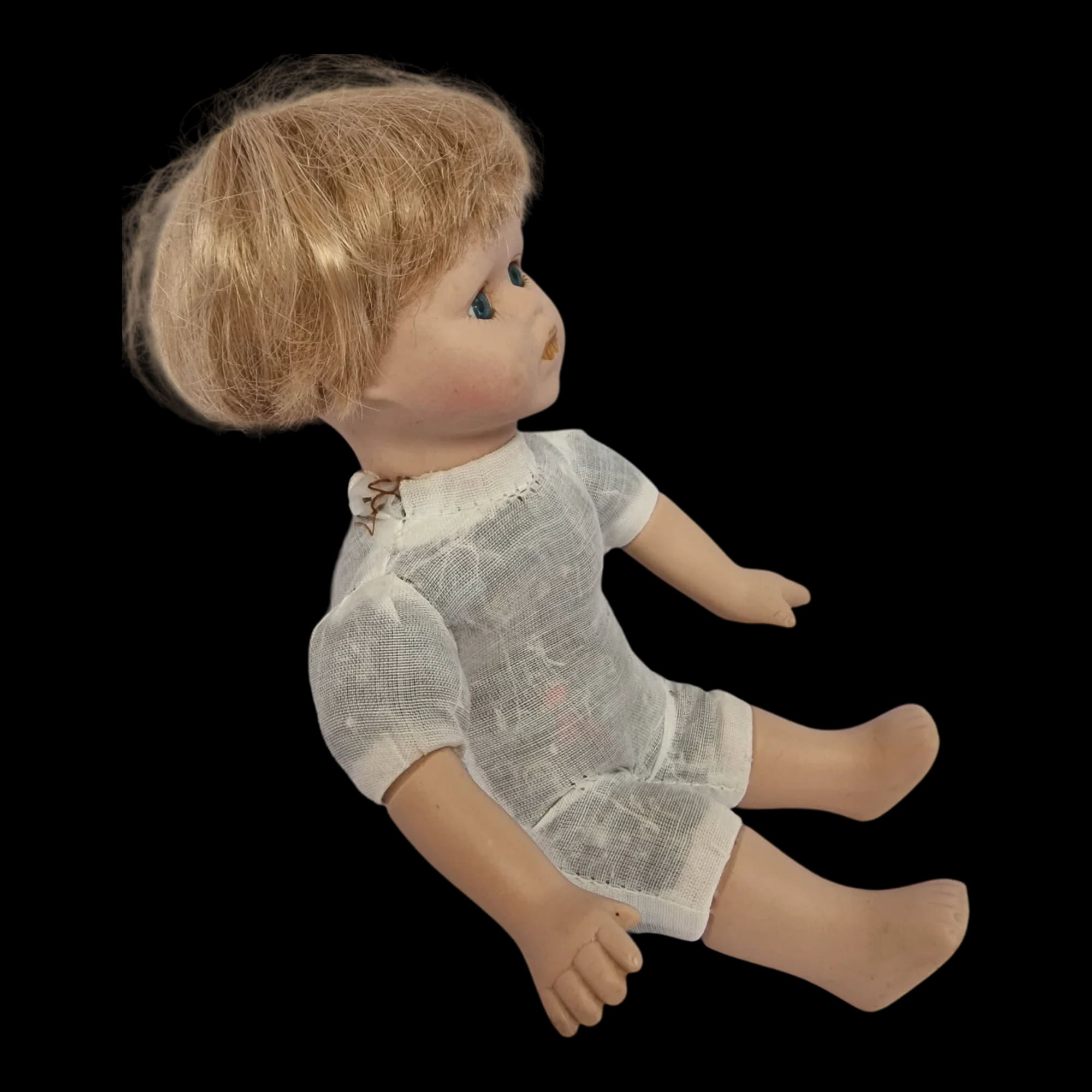 Porcelain Boy Doll Small Short Blonde Hair Blue Eyes