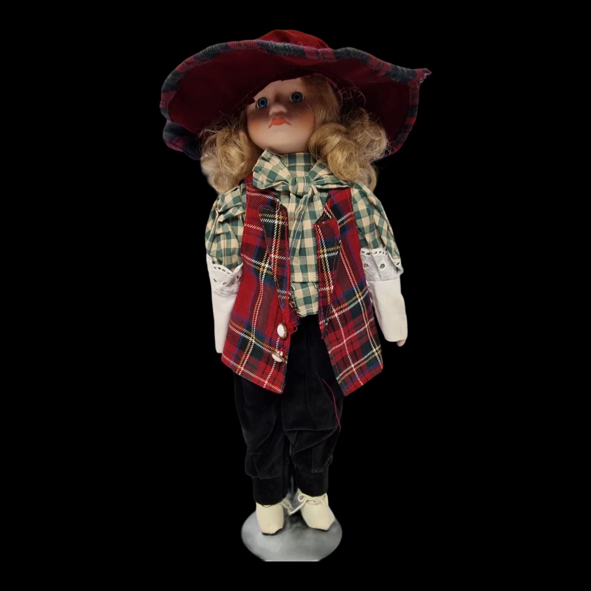 Porcelain Doll Female Tartan Coat Display Stand Removeable
