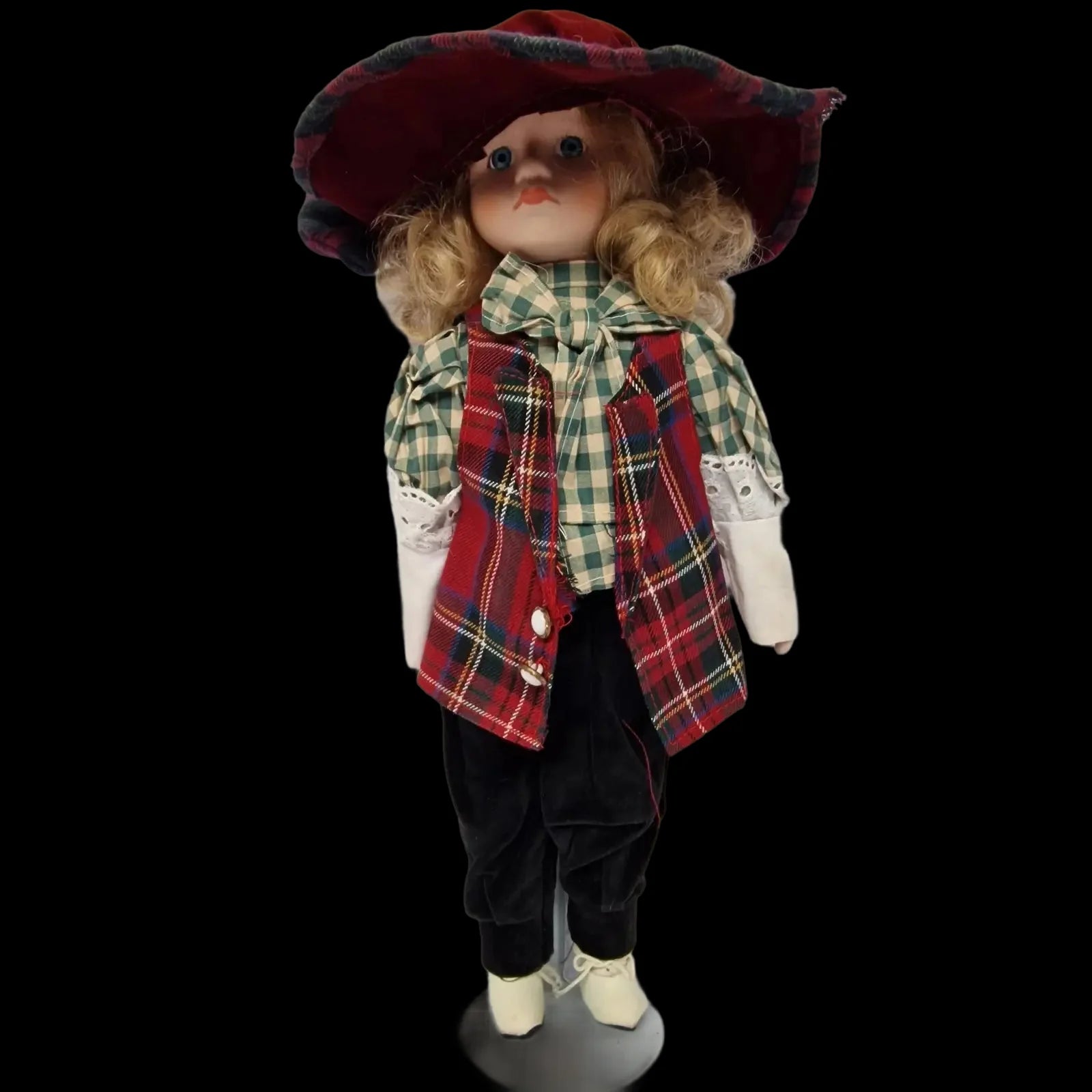Porcelain Doll Female Tartan Coat Display Stand Removeable