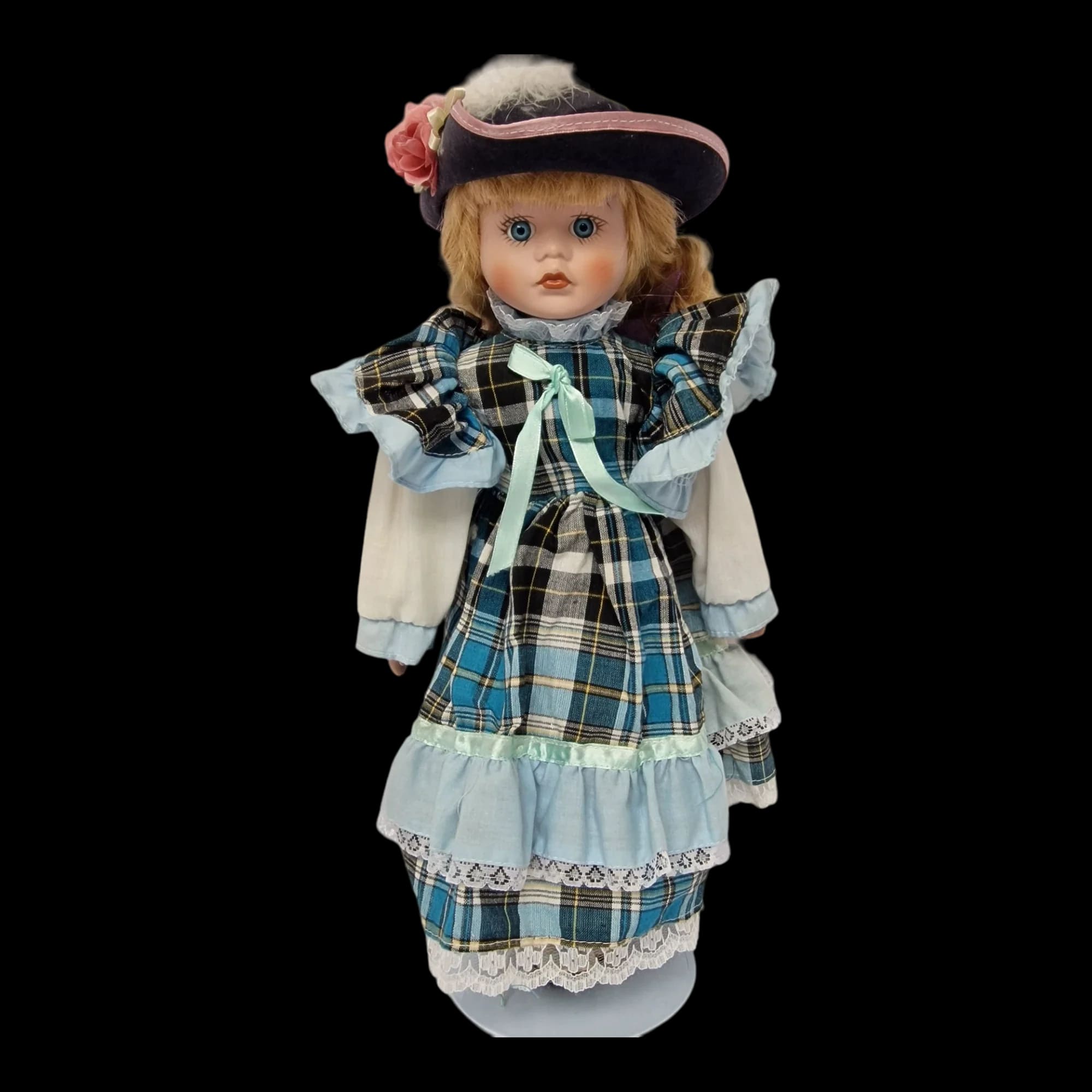 Porcelain Doll Female Tartan Dress Display Stand Removeable