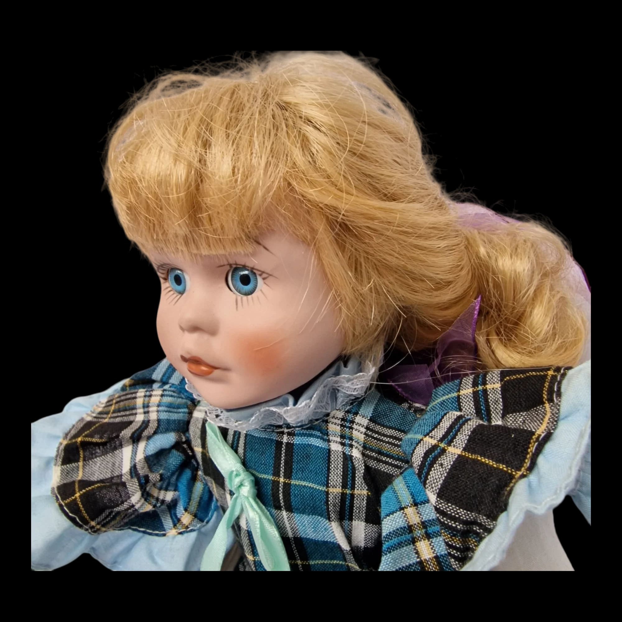 Porcelain Doll Female Tartan Dress Display Stand Removeable