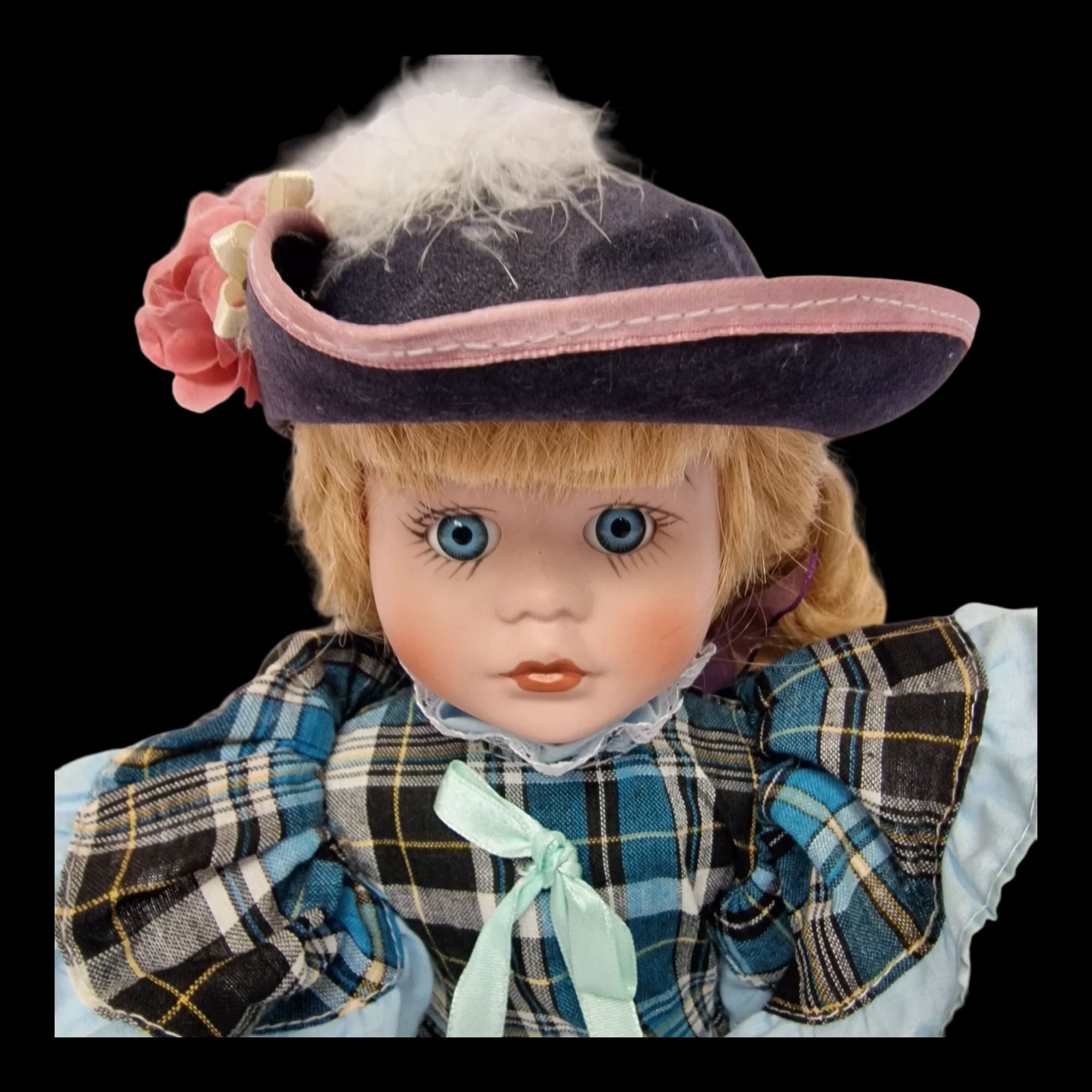 Porcelain Doll Female Tartan Dress Display Stand Removeable