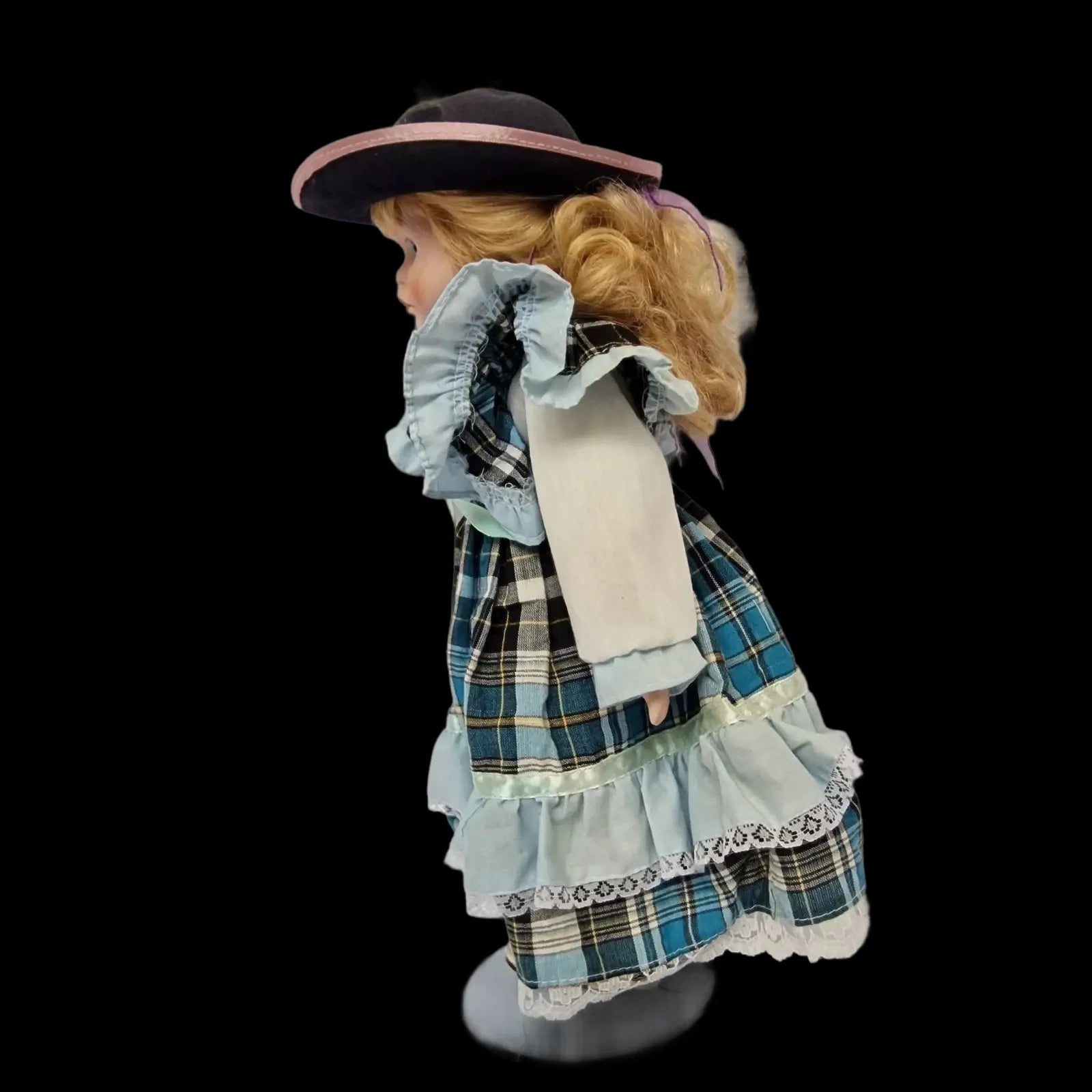 Porcelain Doll Female Tartan Dress Display Stand Removeable
