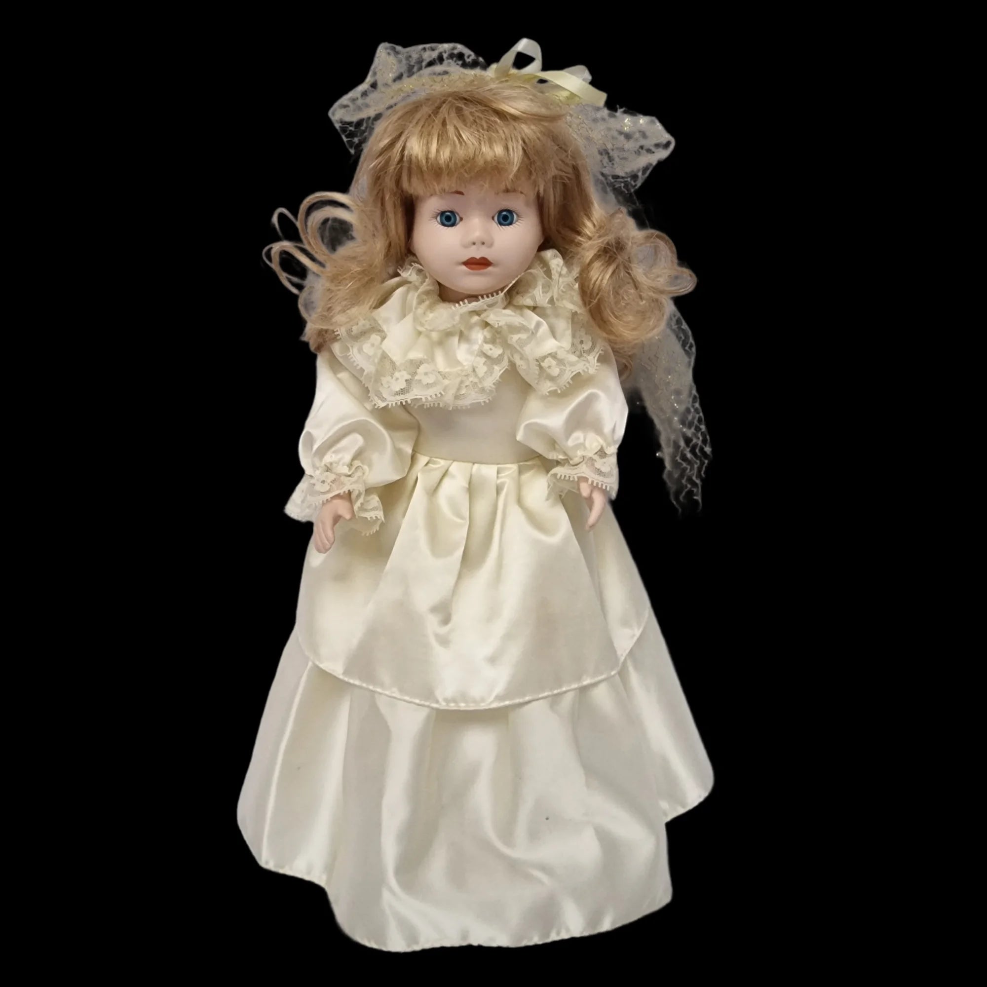 Porcelain Doll Female White Dress And Stand Removeable