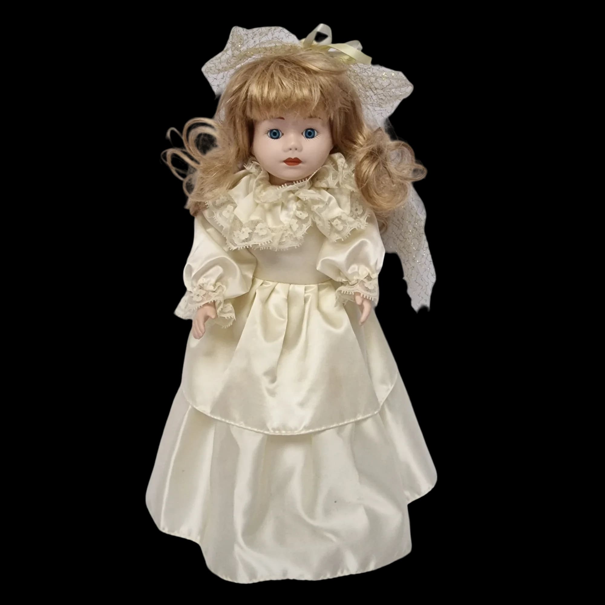 Porcelain Doll Female White Dress And Stand Removeable