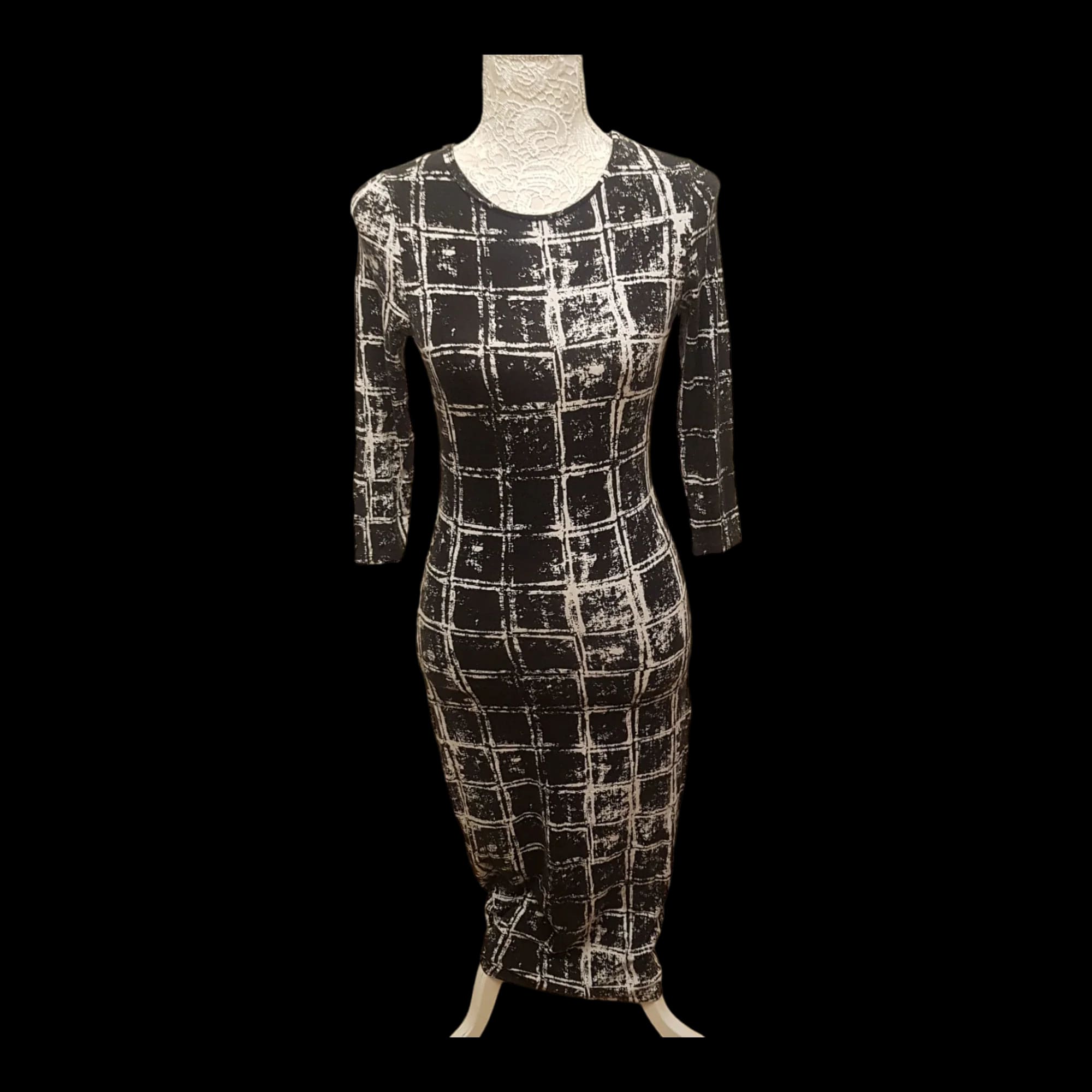 River Island Black White Square Pattern Long Sleeve Bodycon