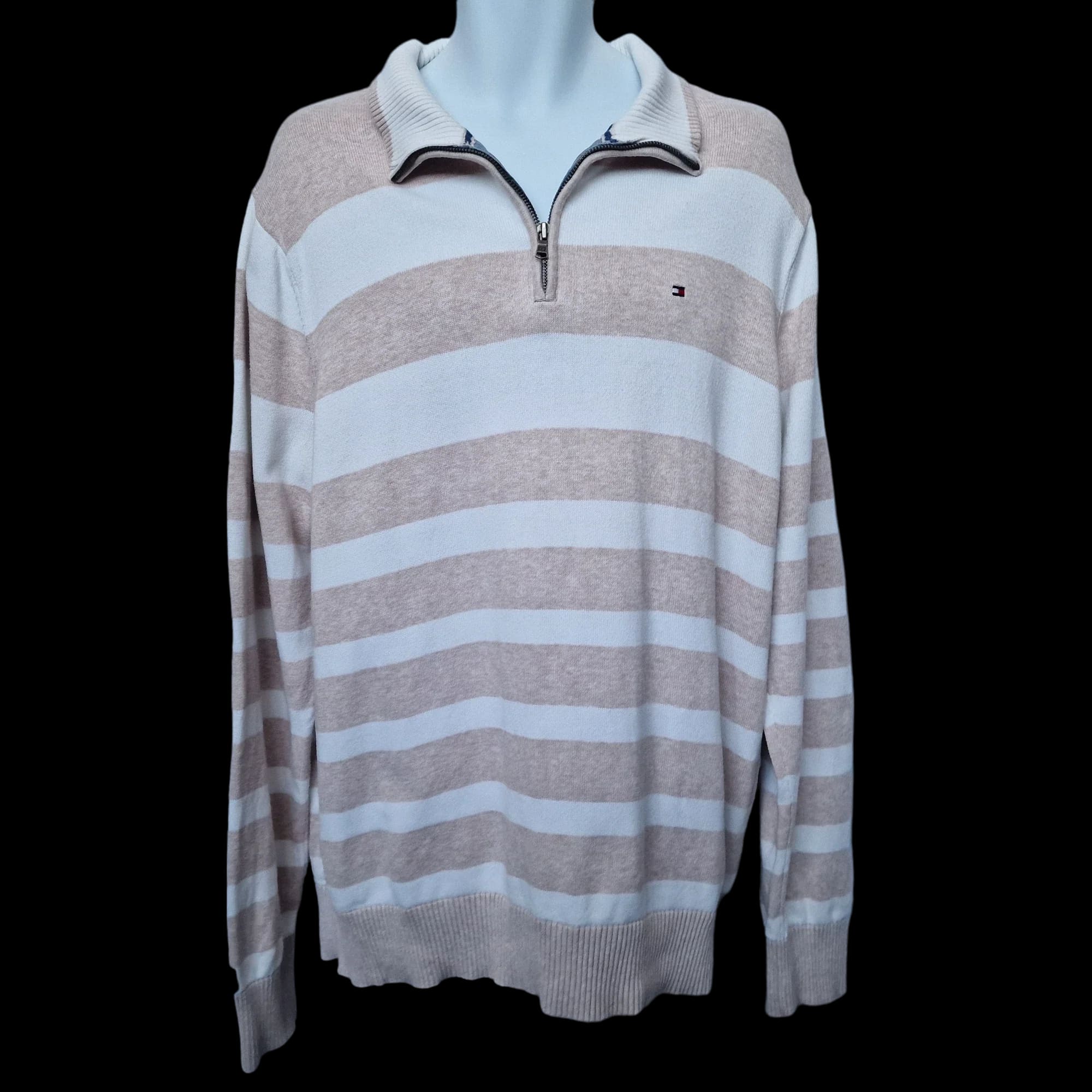 Tommy Hilfiger Unisex Beige White Striped 1/4 Zip Jumper UK