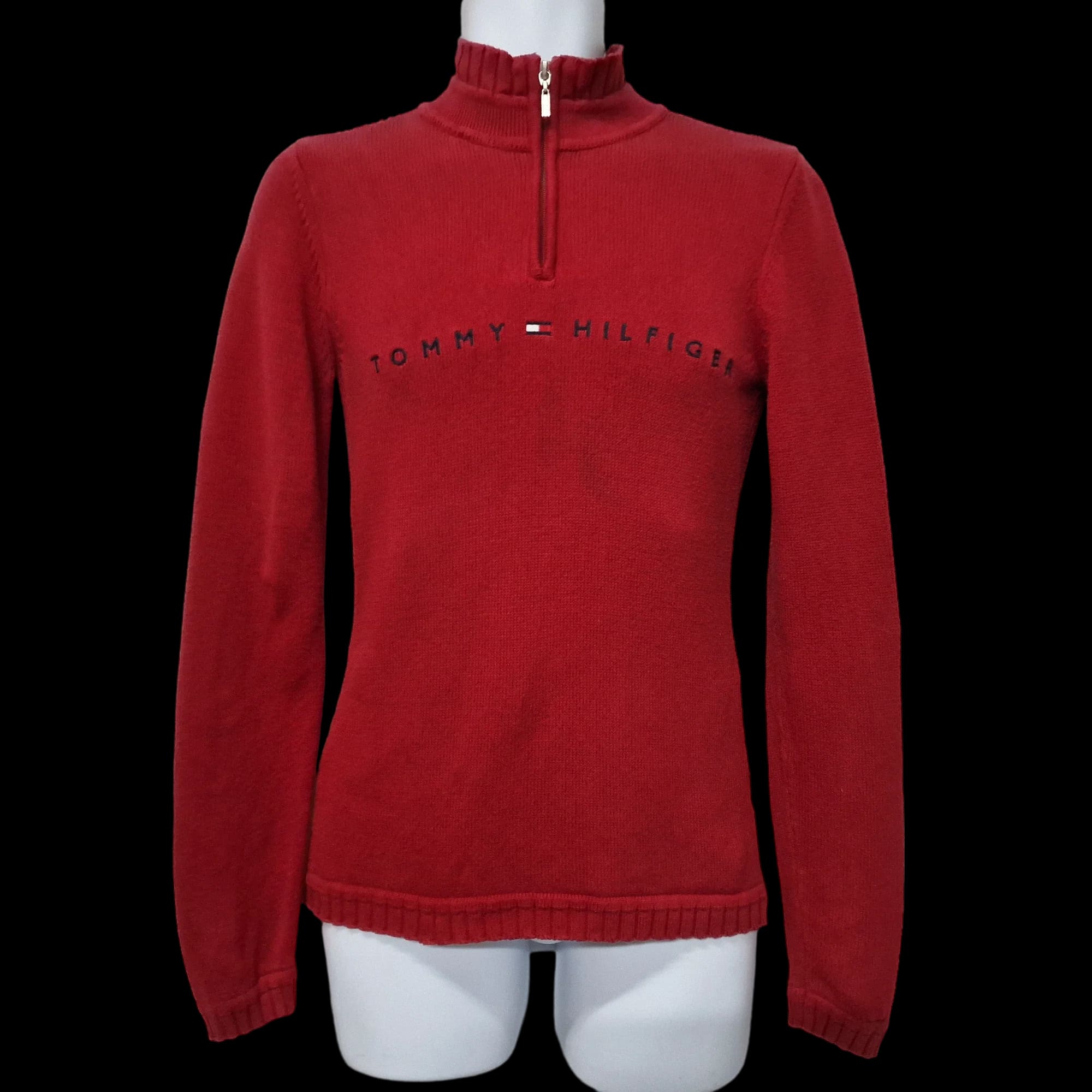 Tommy Hilfiger Unisex Red Ribbed 1/4 Zip Jumper UK Medium