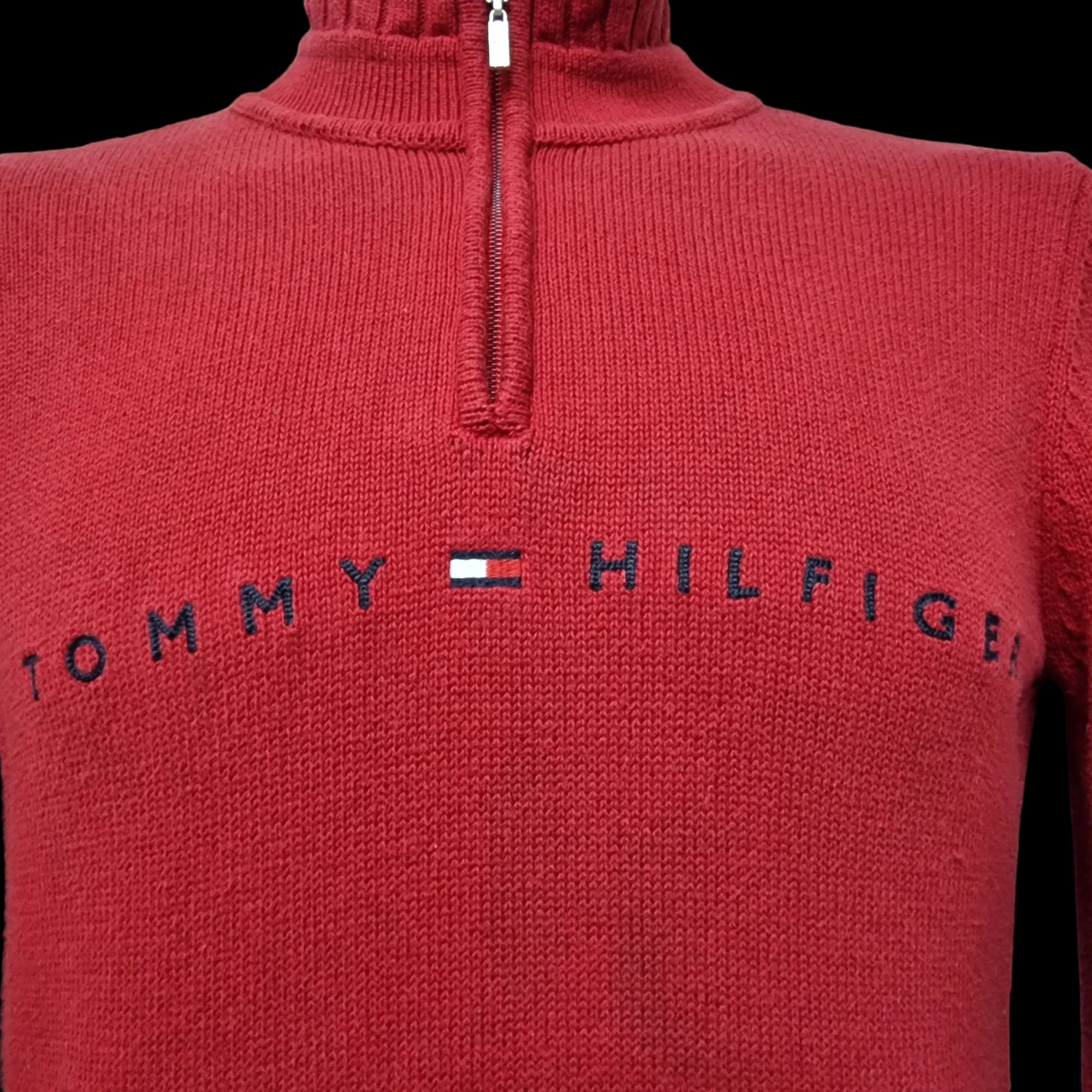 Tommy Hilfiger Unisex Red Ribbed 1/4 Zip Jumper UK Medium