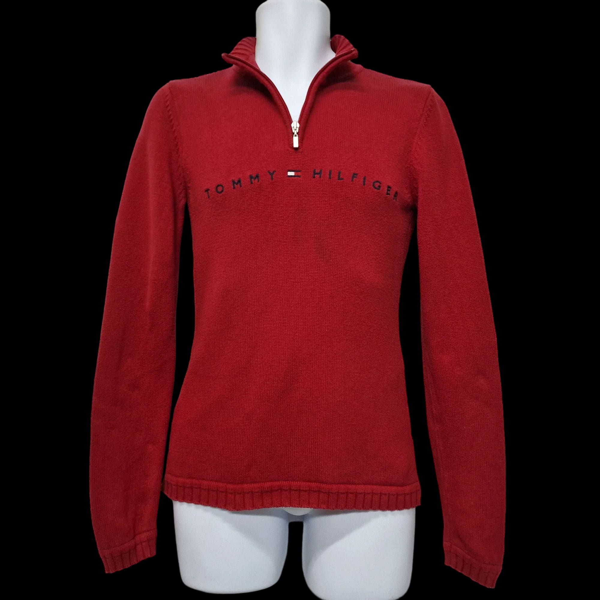 Tommy Hilfiger Unisex Red Ribbed 1/4 Zip Jumper UK Medium