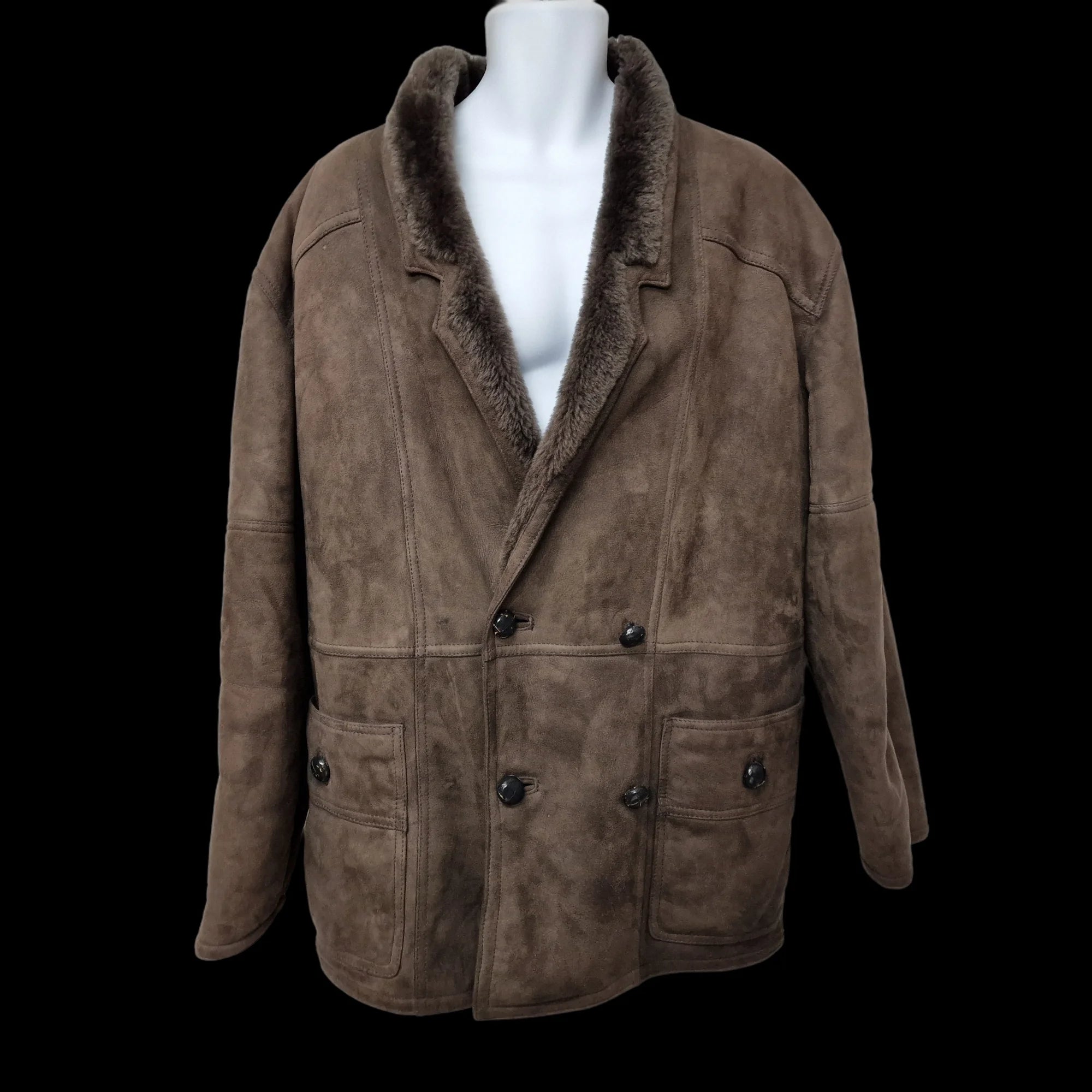 Vintage Dark Brown Leather Sheepskin Shearling Coat Size 46