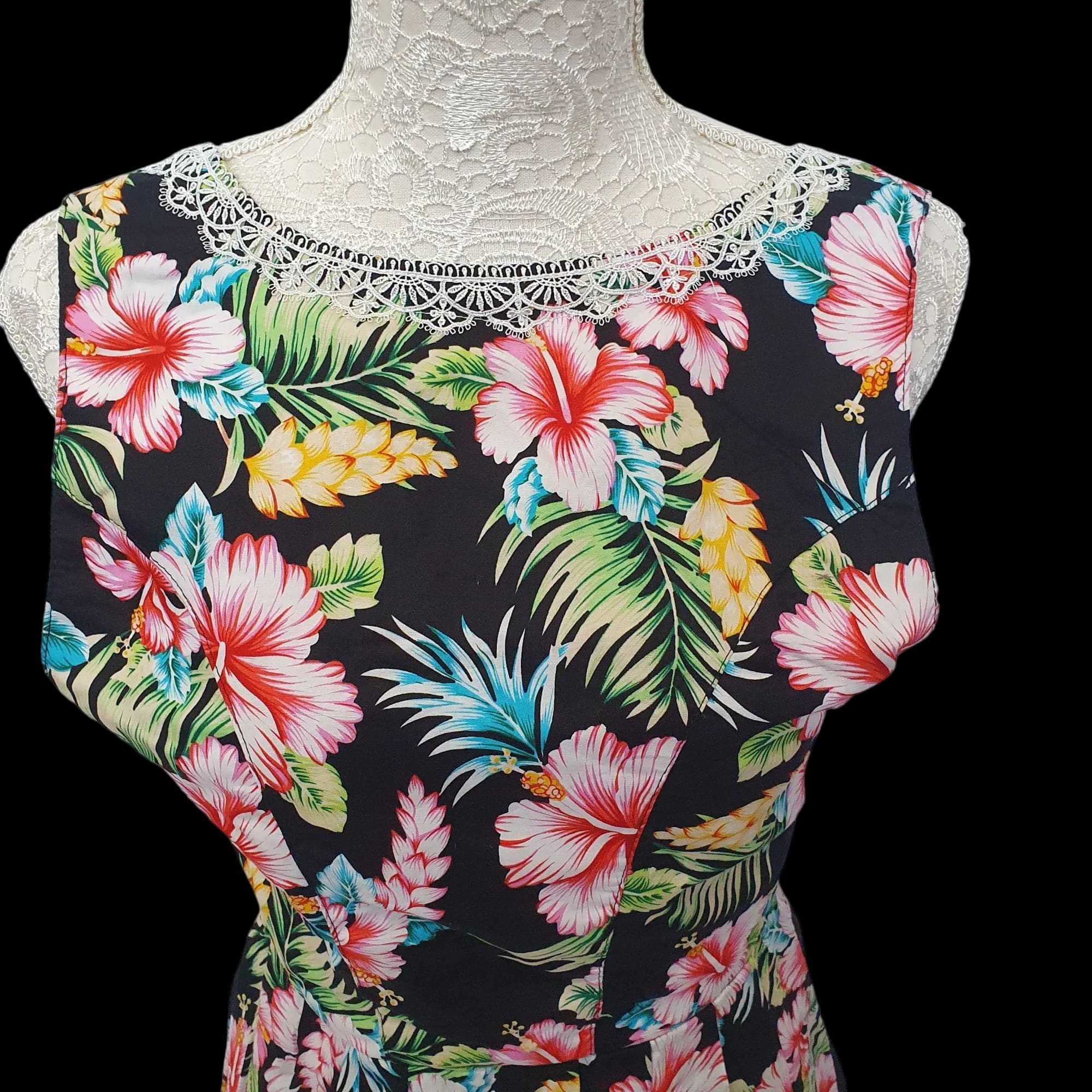 Vintage Floral Handmade Summer Dress Lace Detailing UK 10