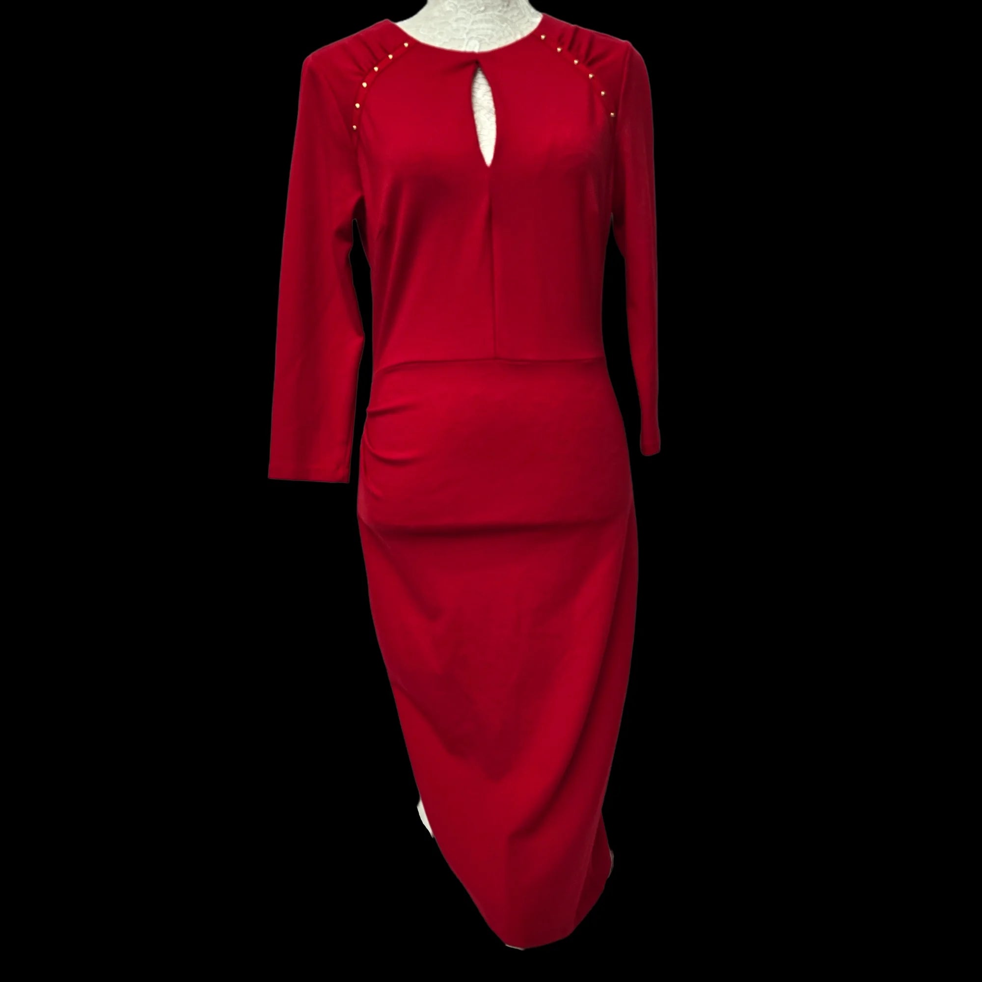 Womens Damsel Red Pencil Dress Stretch Gold Stud Detail UK