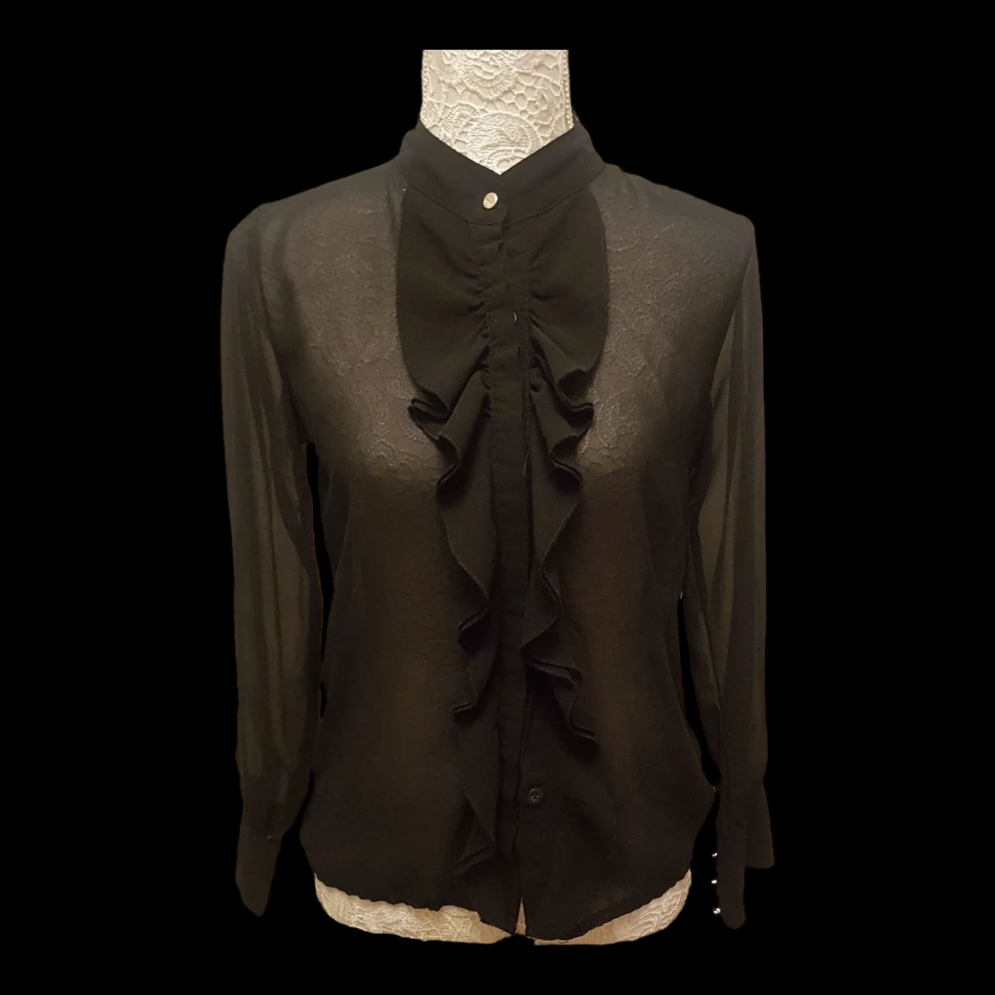 Womens Gumux Black Ruffle Front Blouse Top Uk Small - 1