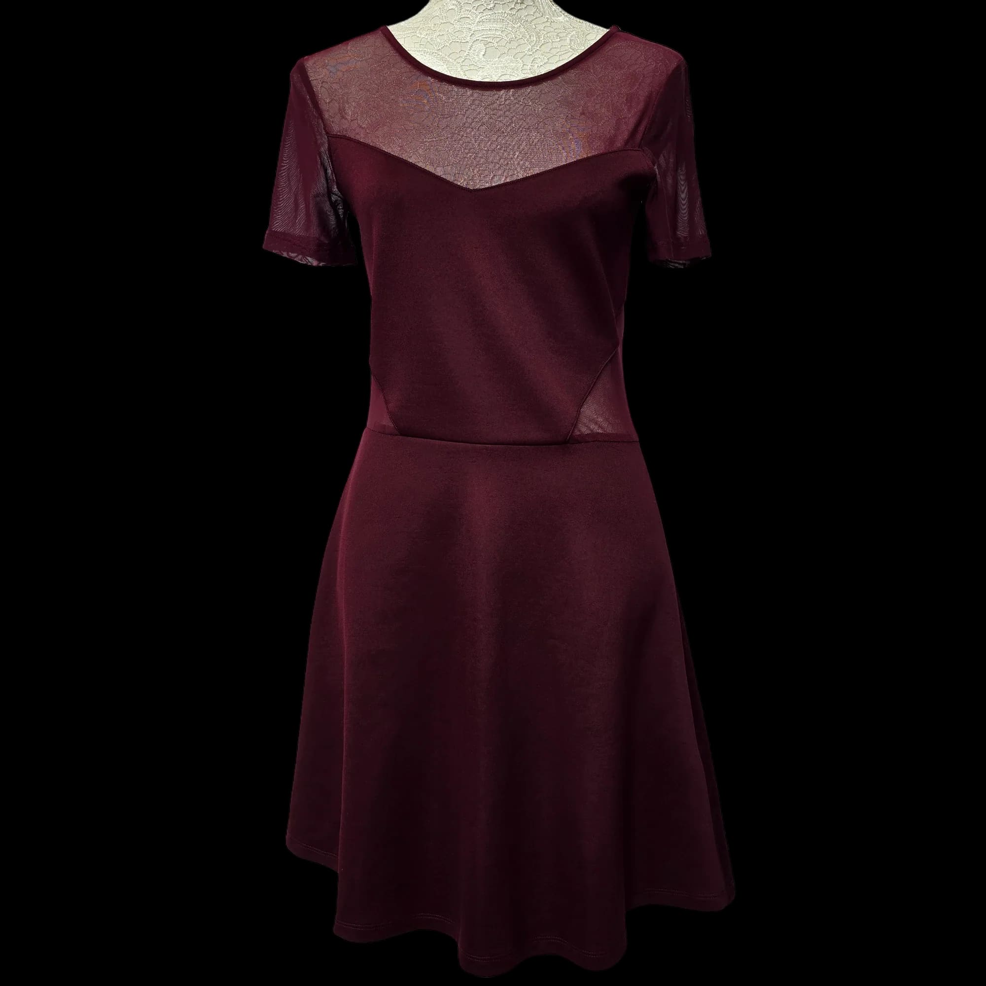 Womens H&M Burgundy Sheer Skater Dress UK 14 - Dresses - 1
