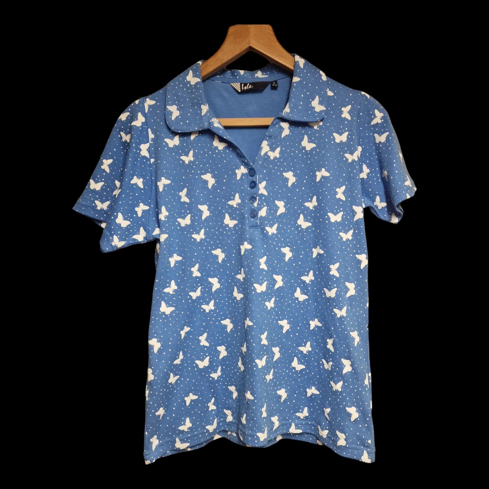 Womens Isle Blue Butterfly Polo UK 8-10 - Top - 1 - 946