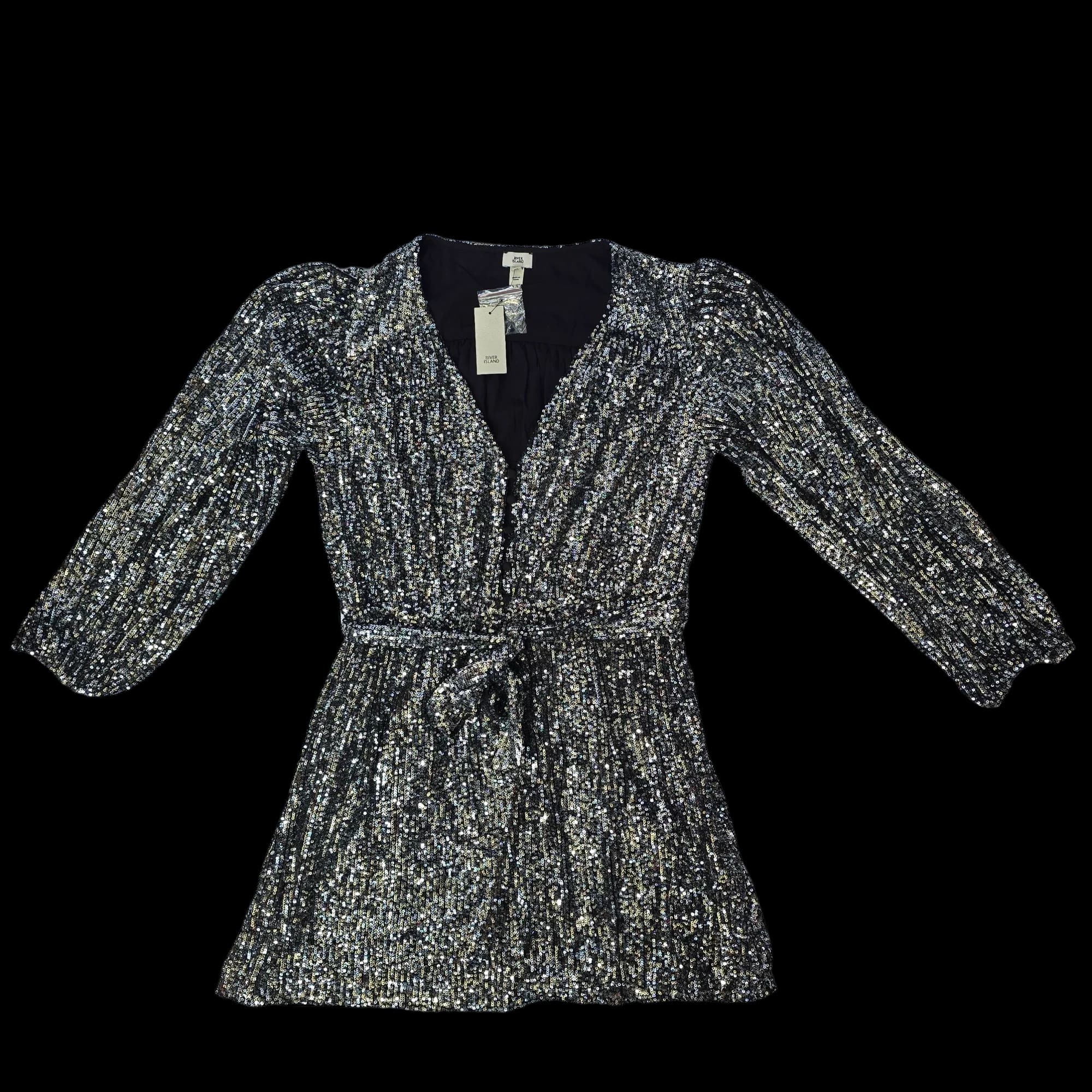 Womens River Island Silver Sequin Fit And Flare Dress UK 14