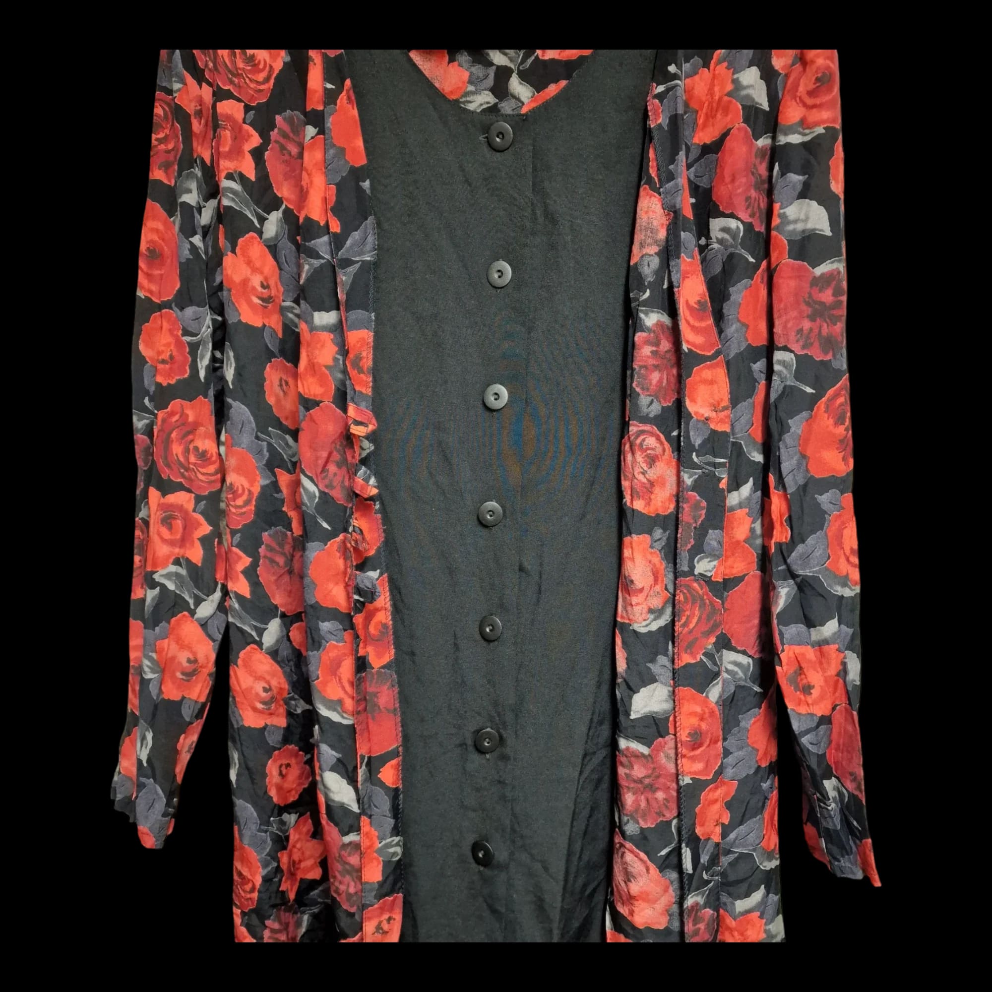 Womens Vintage Black Red Floral Blouse UK 18-20 - Top - RR