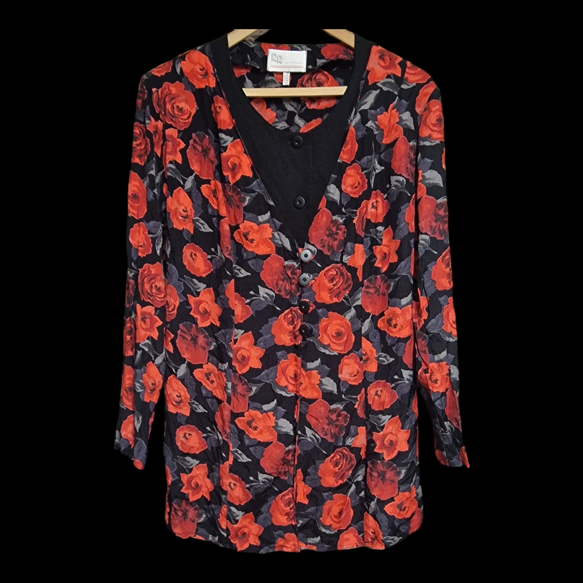 Womens Vintage Black Red Floral Blouse UK 18-20 - Top - RR