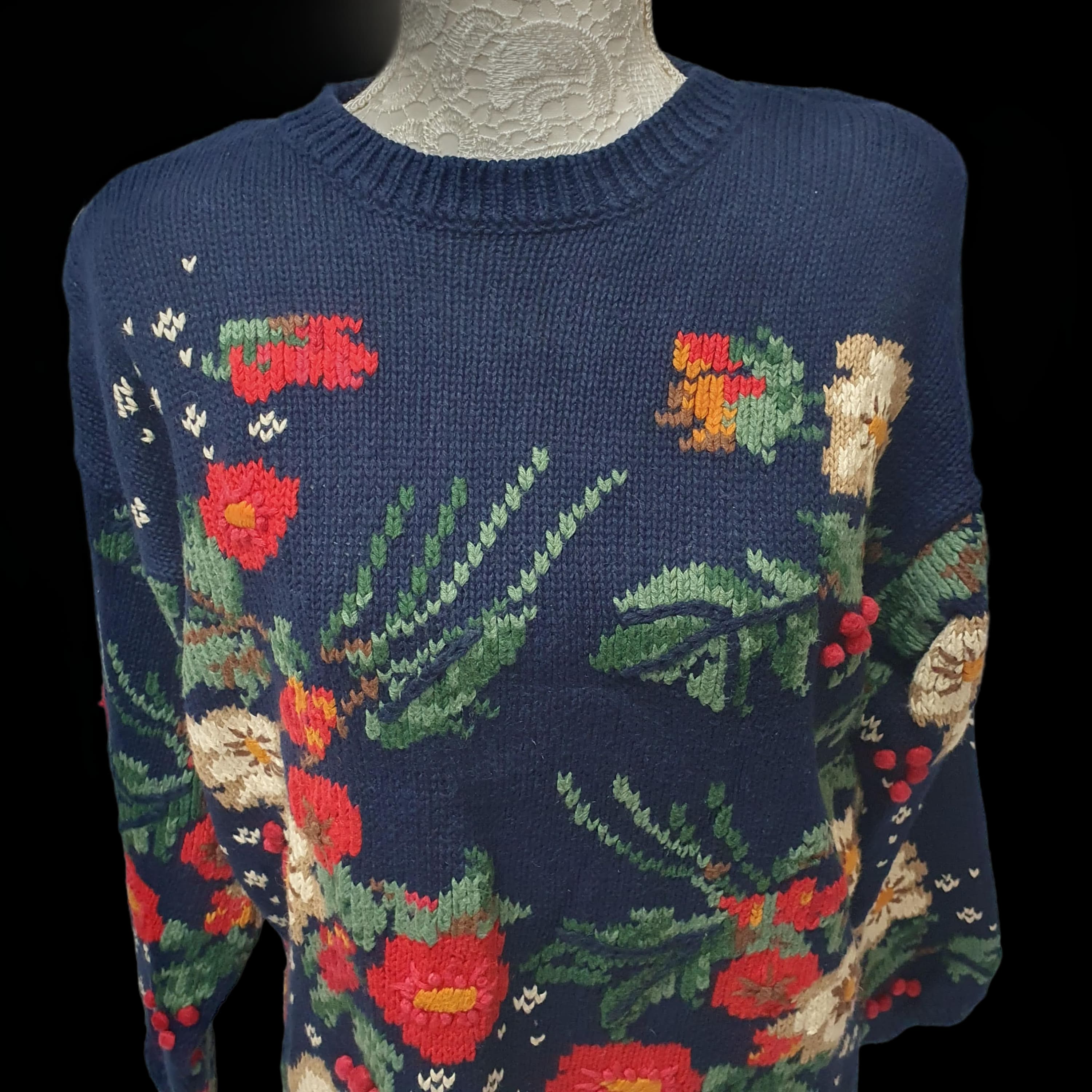 Womens Vintage Floral Knitted Jumper Funky Design Knitwear
