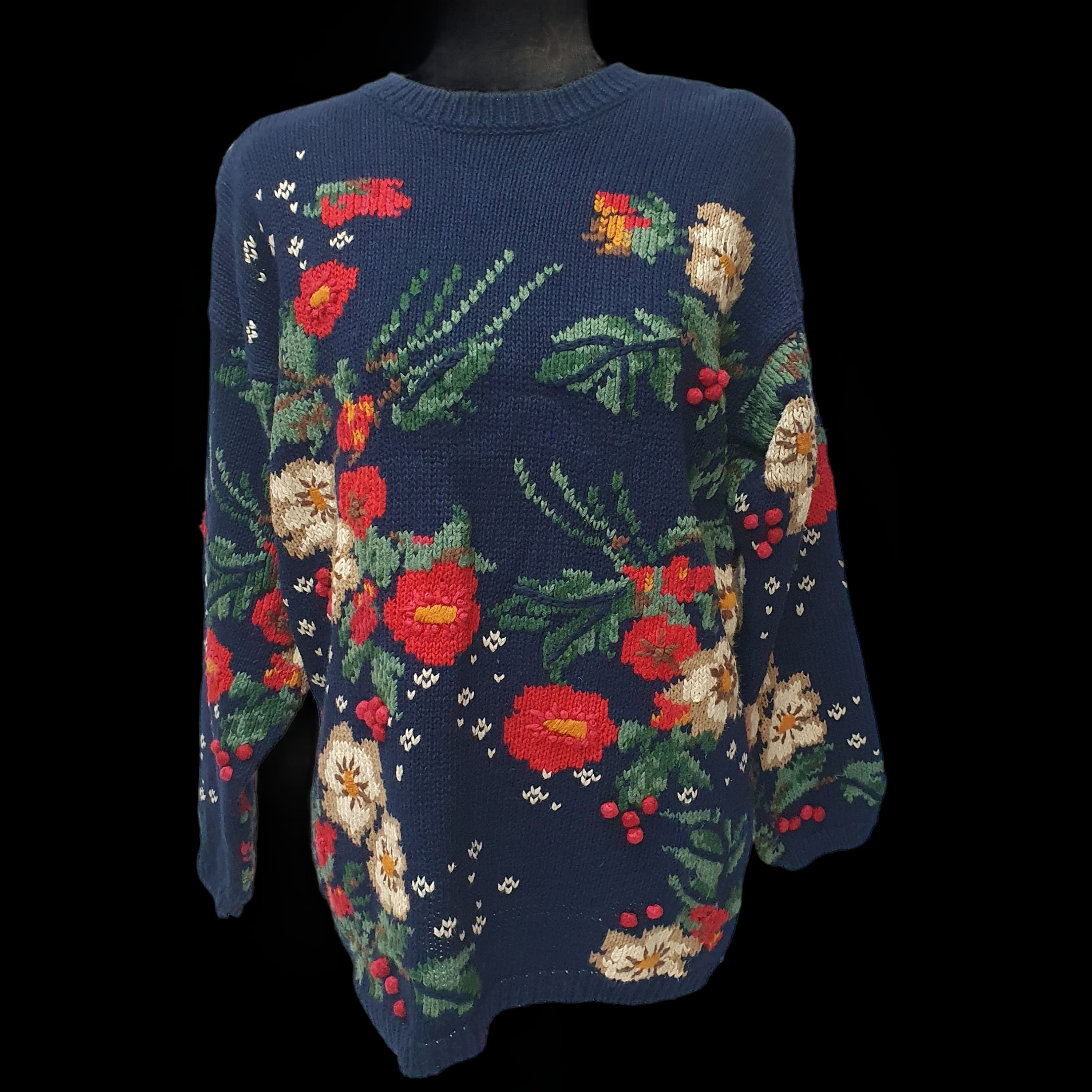 Womens Vintage Floral Knitted Jumper Funky Design Knitwear