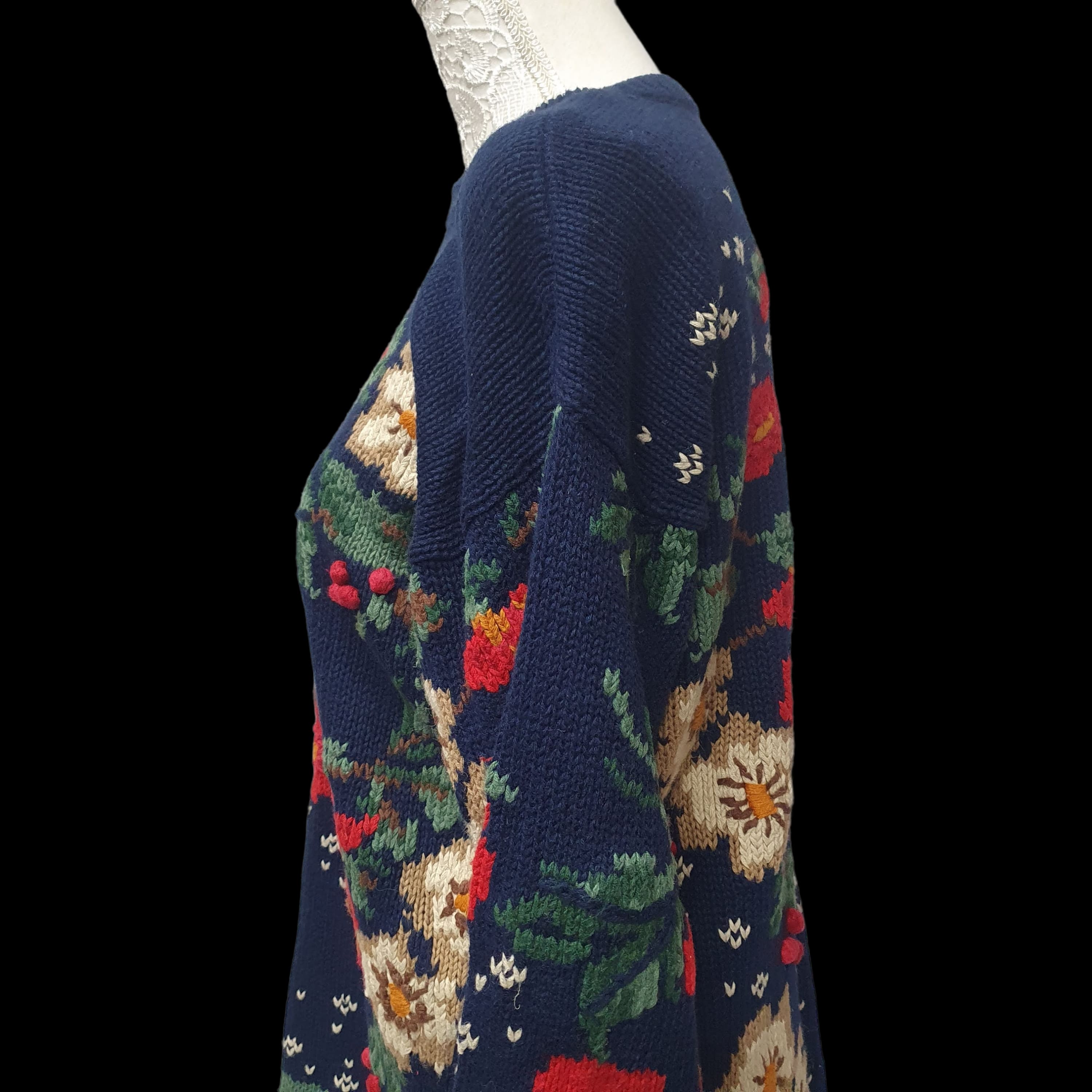 Womens Vintage Floral Knitted Jumper Funky Design Knitwear