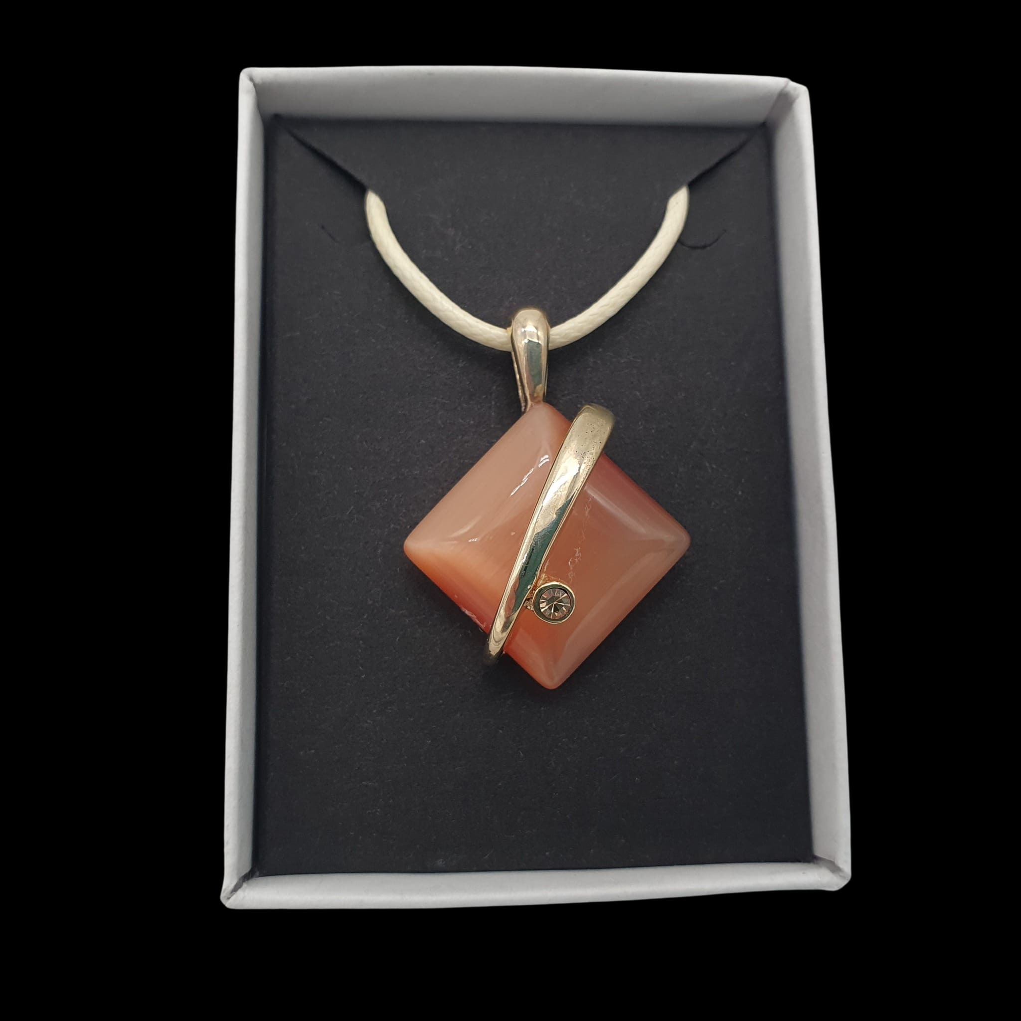 Wrapped Square Gemstone Necklace Orange Pendant Charm